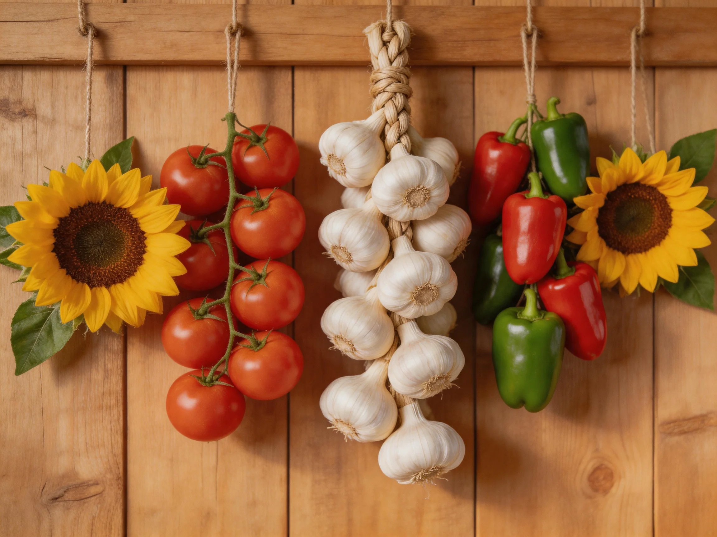 Three vegetable bunches hang beside sunflowers on wooden paneling