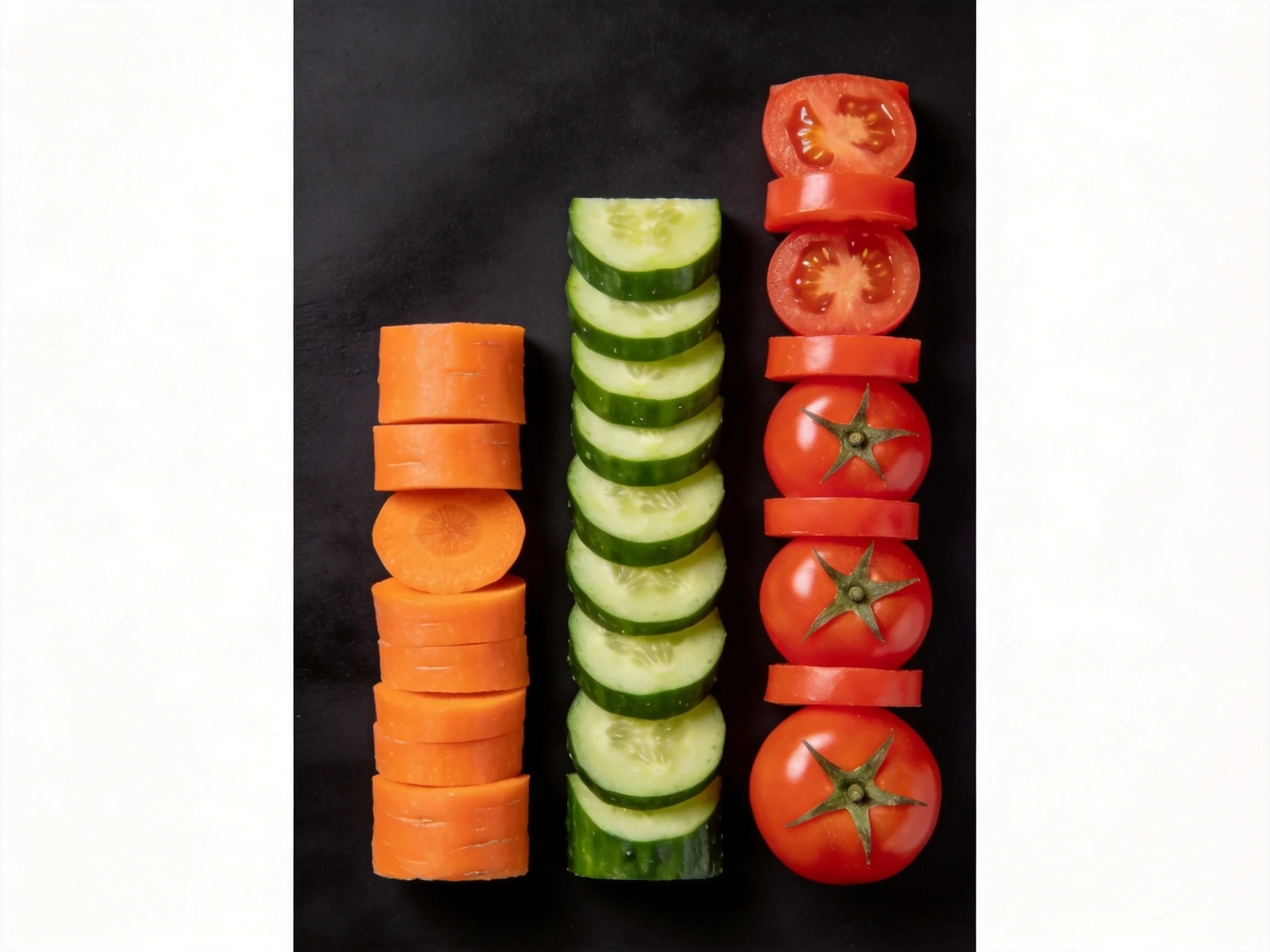 Three vertical stacks of sliced orange carrots, green cucumbers, and red tomatoes against a dark back