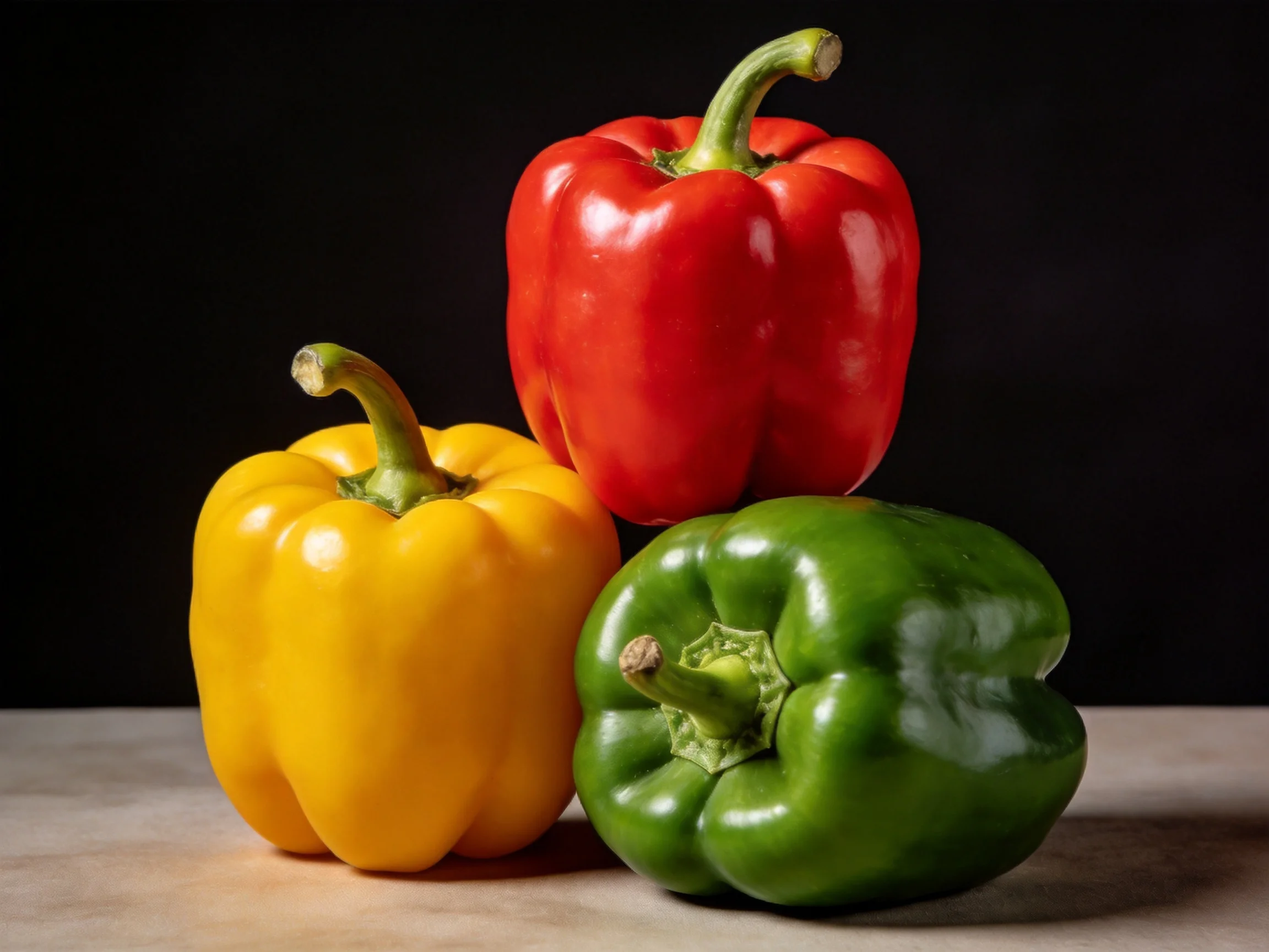 Three vibrant bell peppers arranged against a dark backdrop