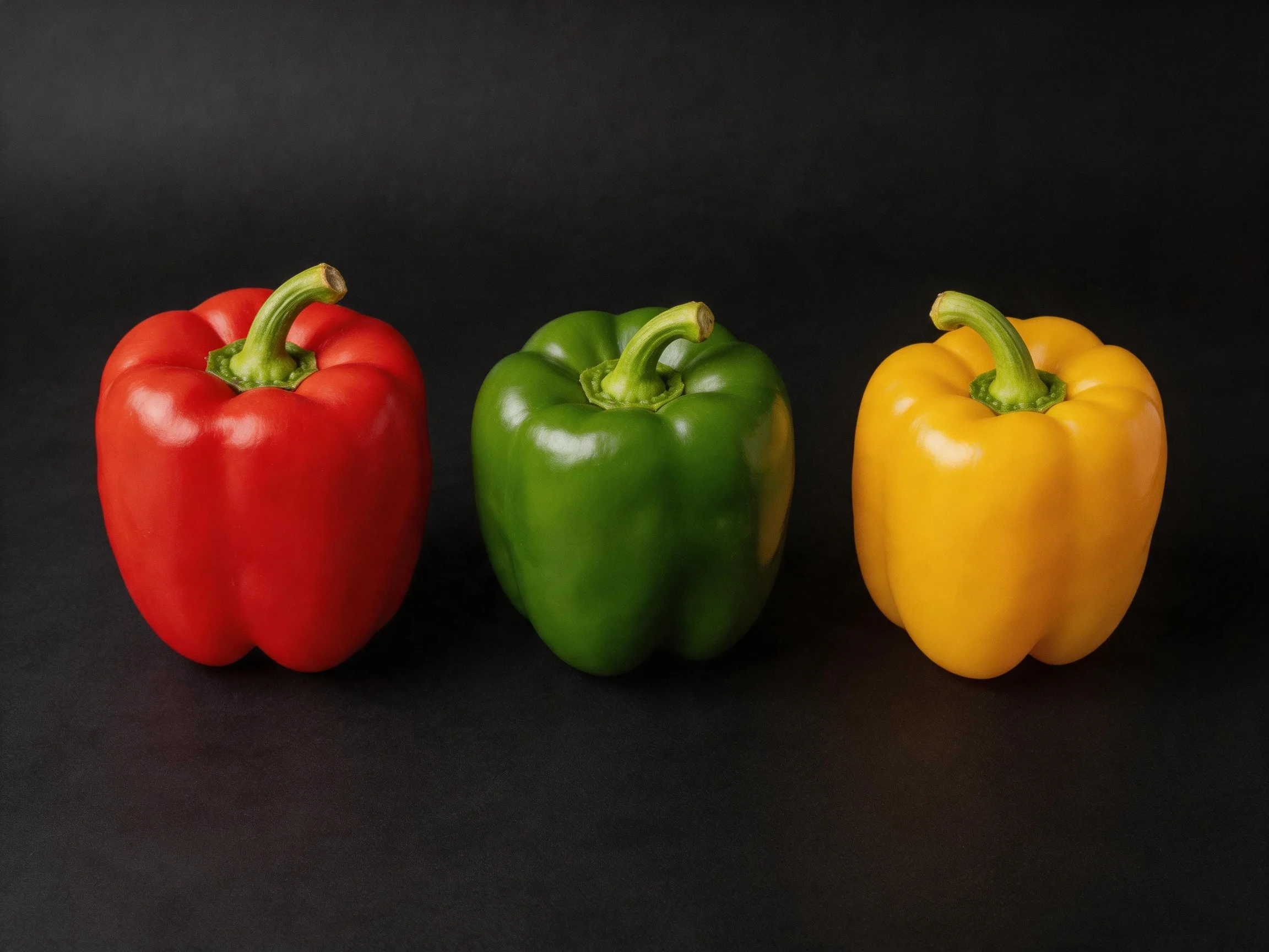 Three vibrant bell peppers arranged side by side against a dark backdrop