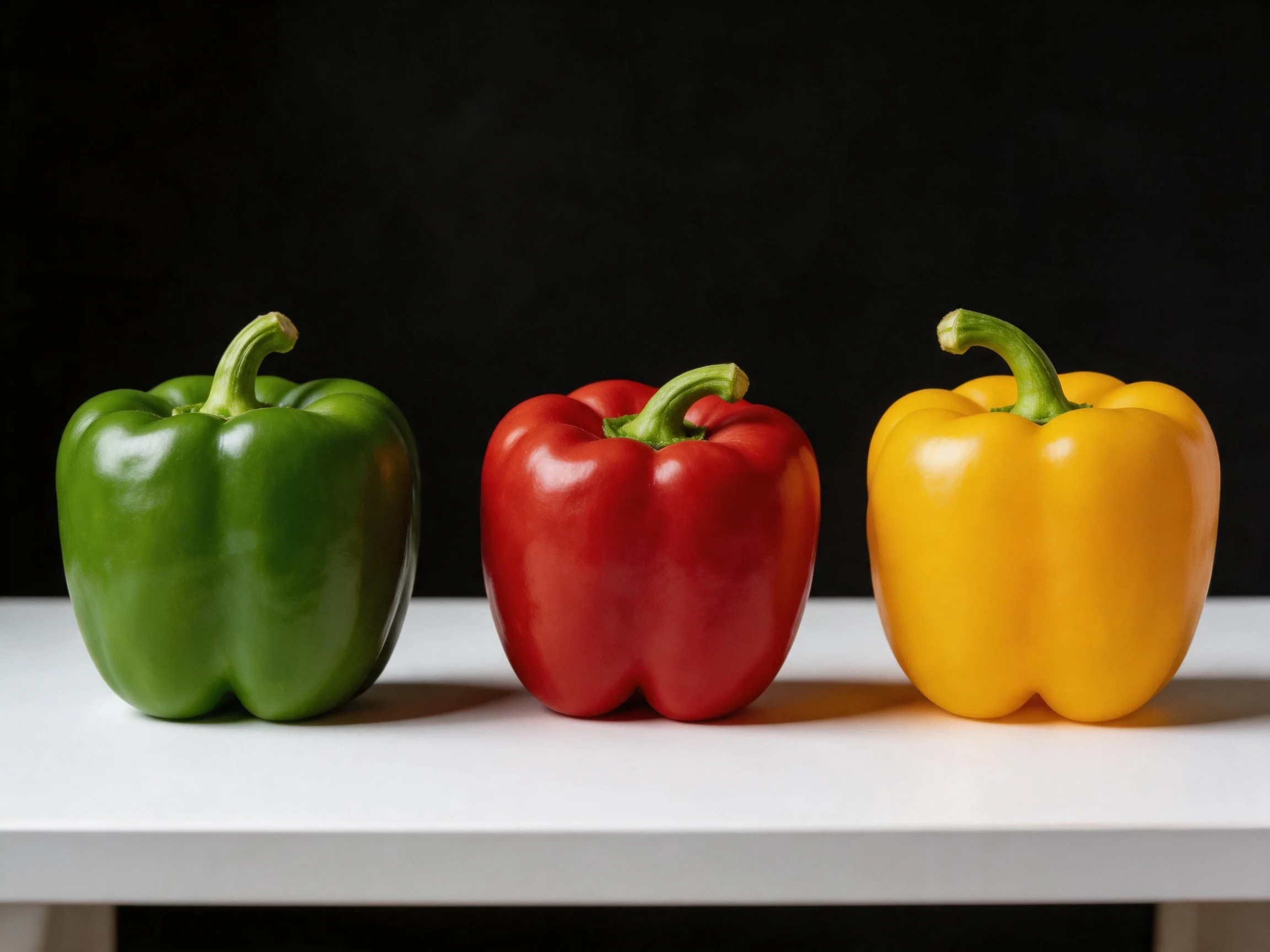 Three vibrant bell peppers arranged side by side on a white surface
