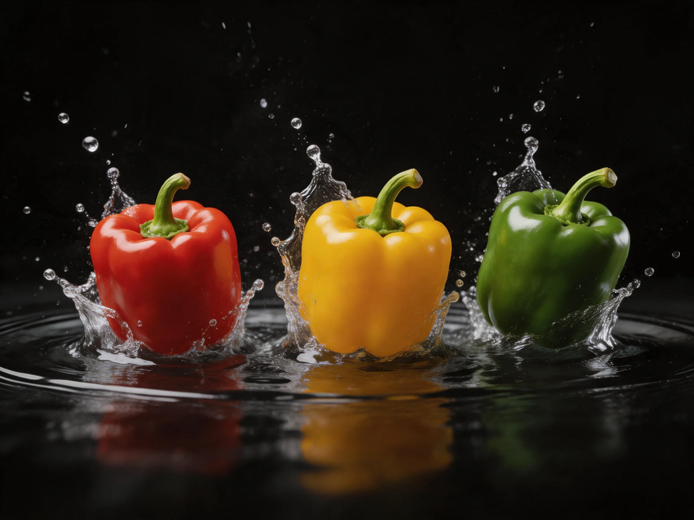 Three vibrant bell peppers creating water splashes on a dark backdrop