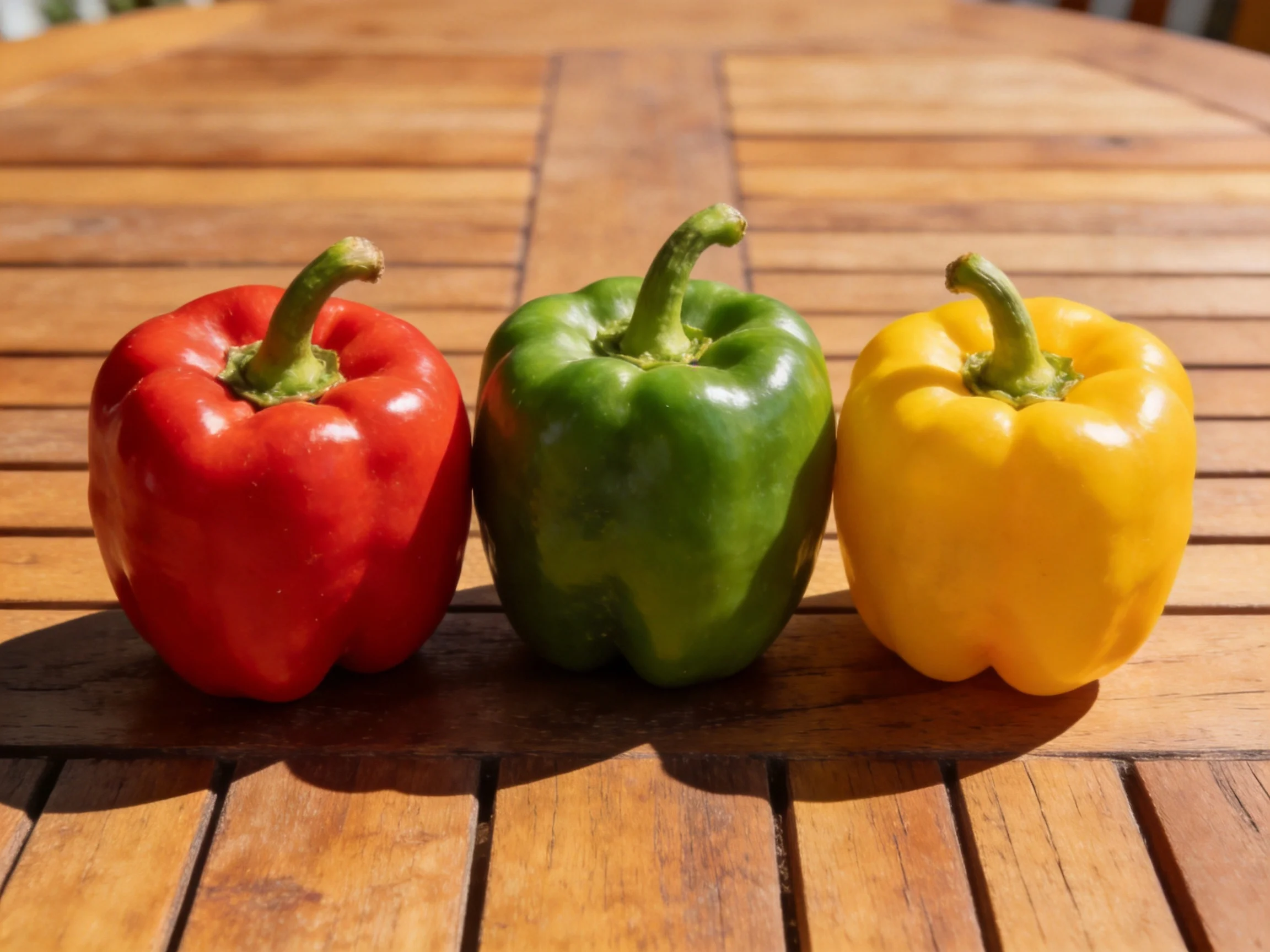 Three vibrant bell peppers in red, green, and yellow on a wooden table