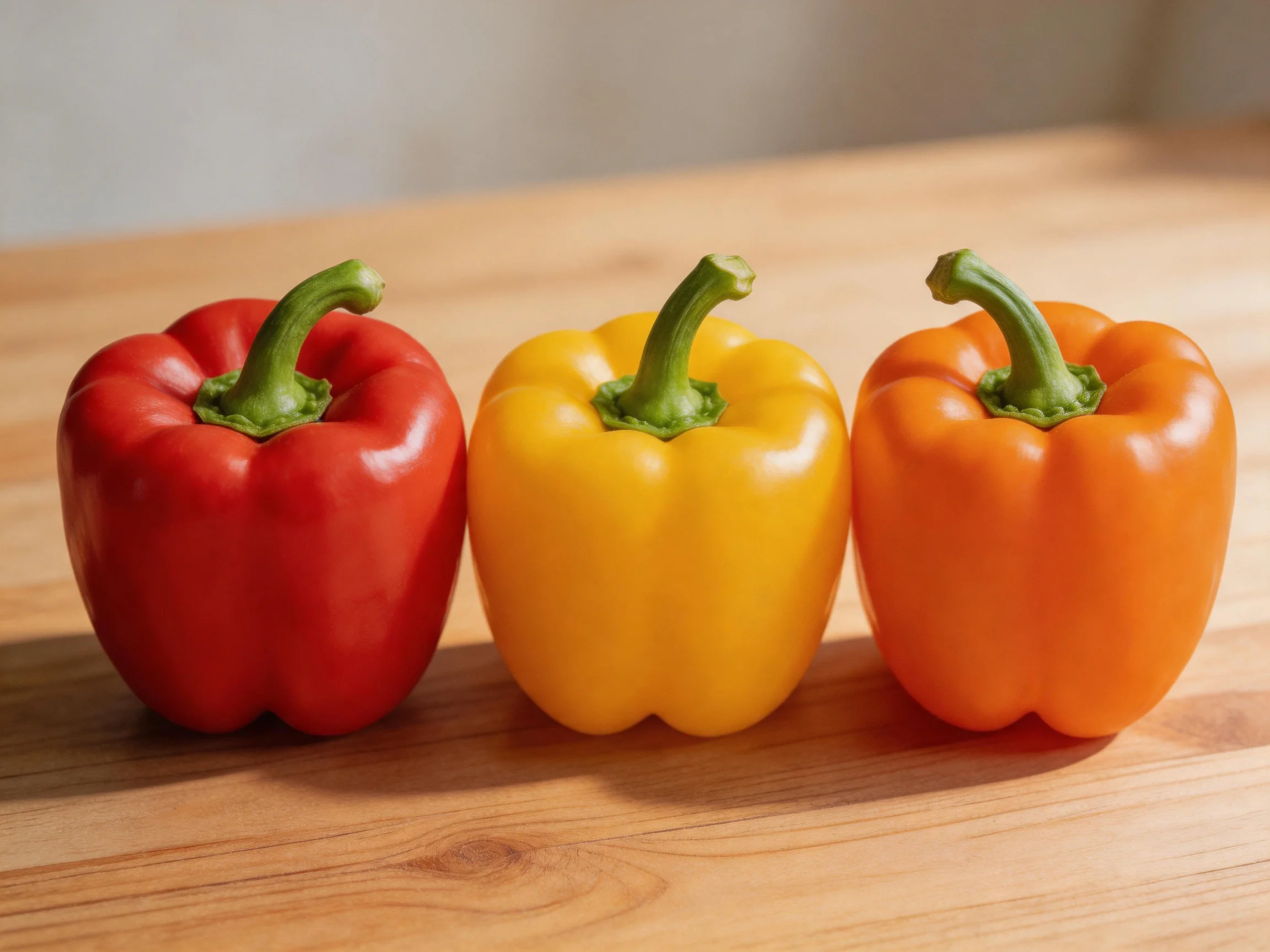 Three vibrant bell peppers lined up on a wooden surface