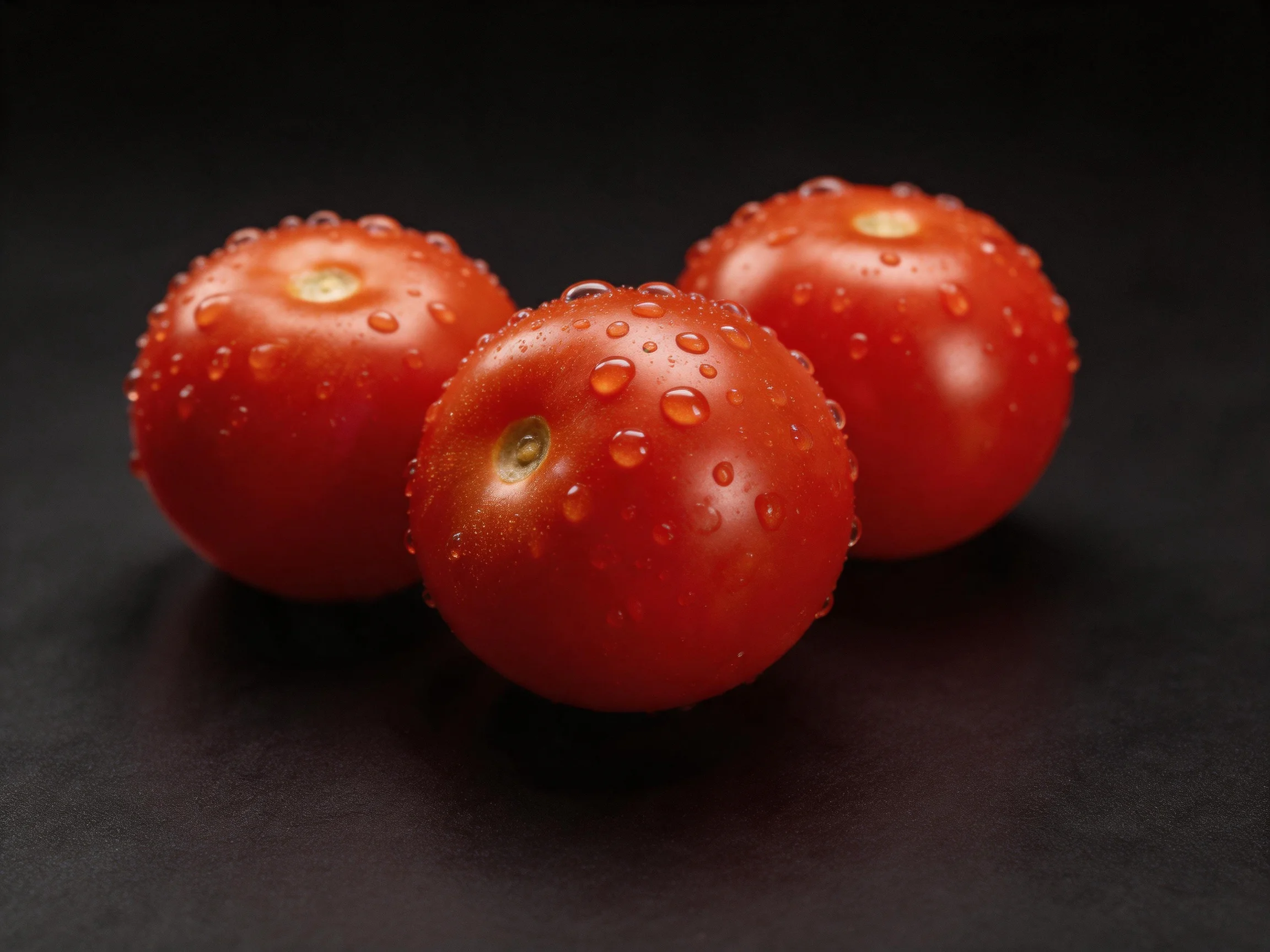 Three vibrant cherry tomatoes with glistening water droplets against a dark backdrop
