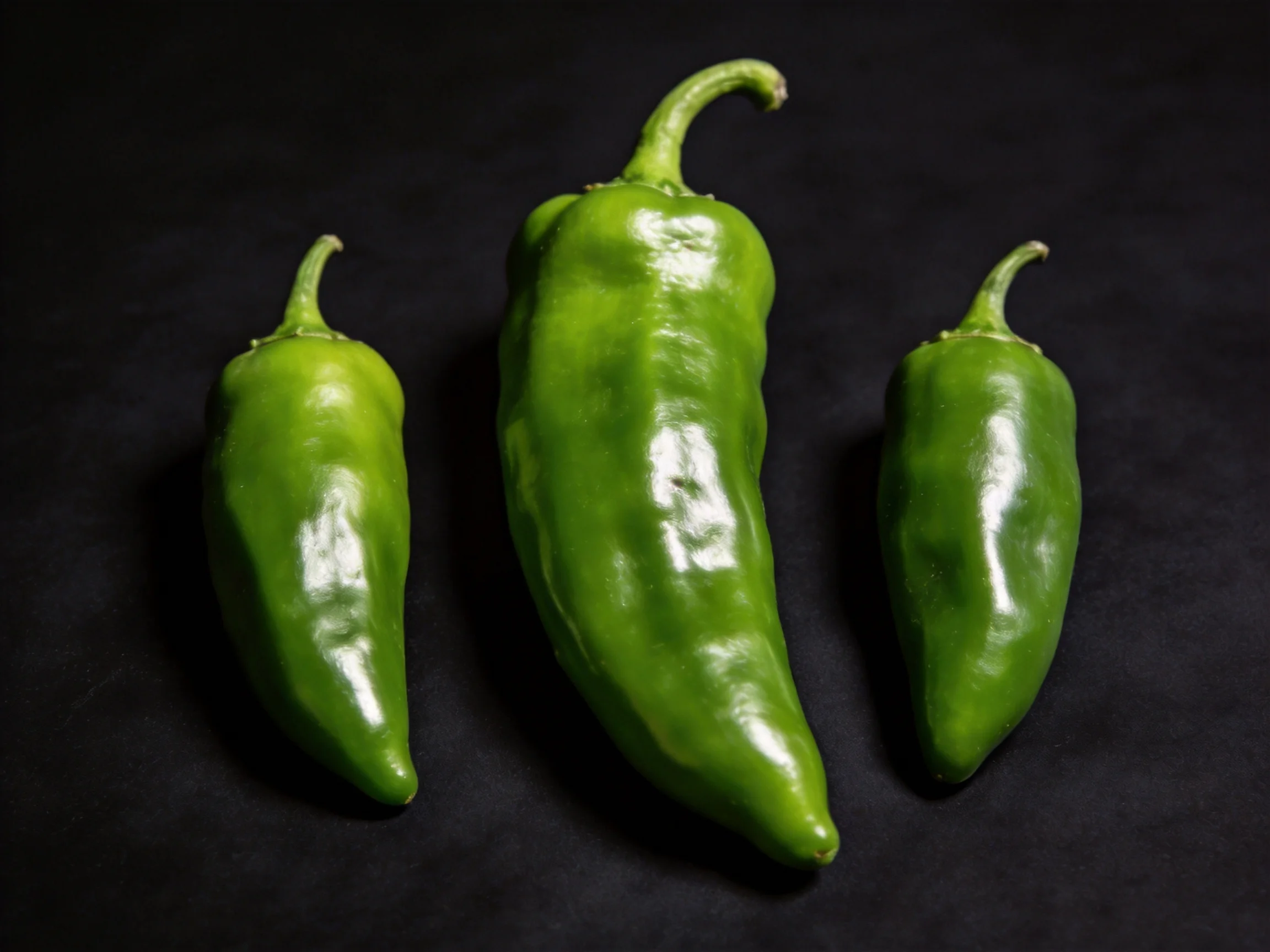 Three vibrant green chili peppers arranged on a dark surface