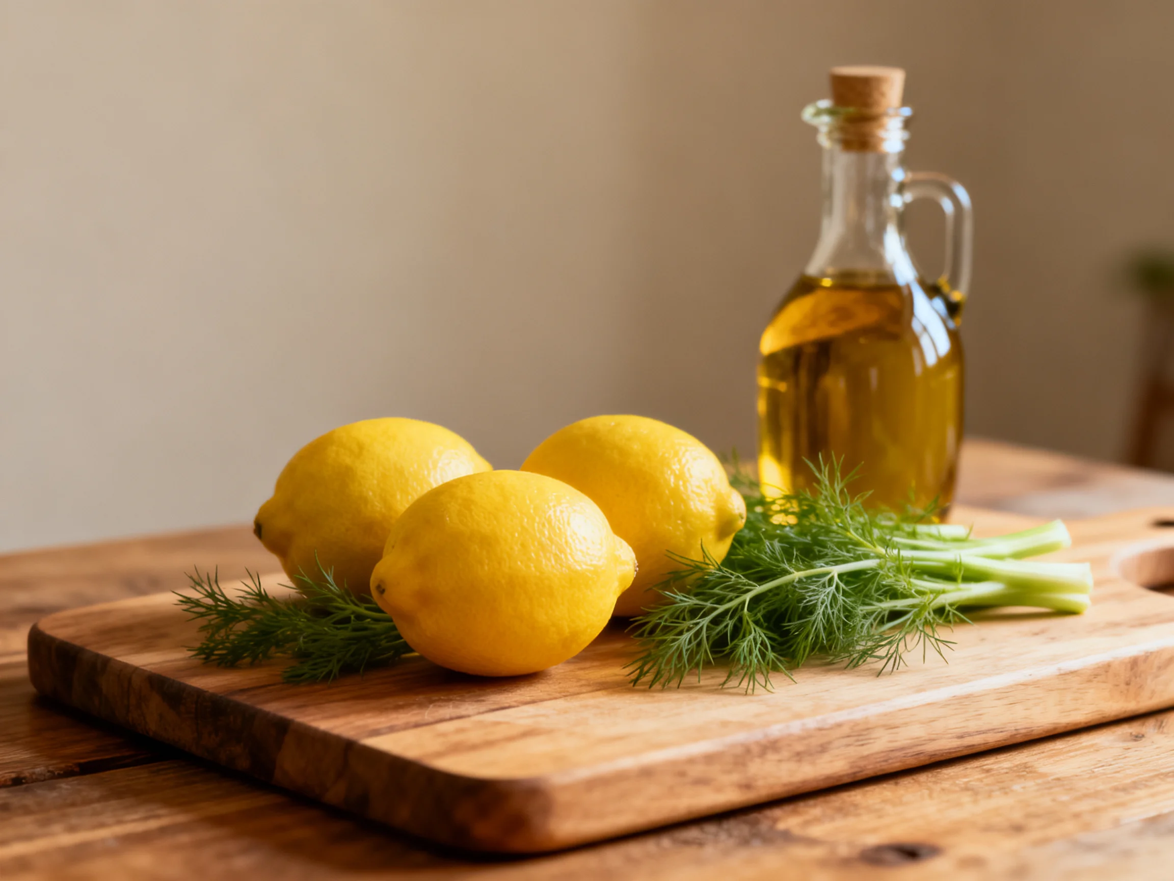 Three vibrant lemons rest beside fresh dill and golden olive oil on rustic wood