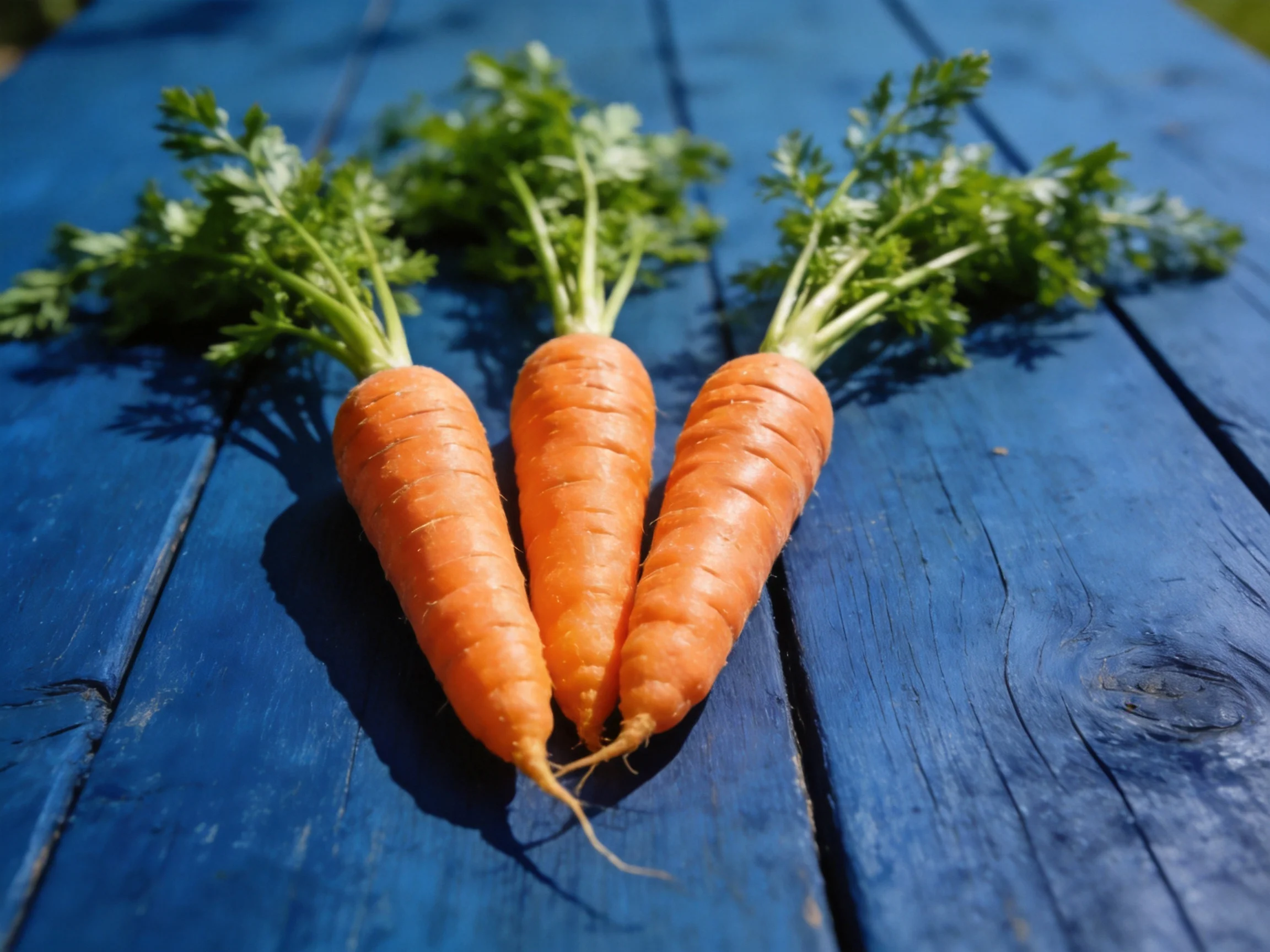 Three vibrant orange carrots with green tops on a blue wooden surface