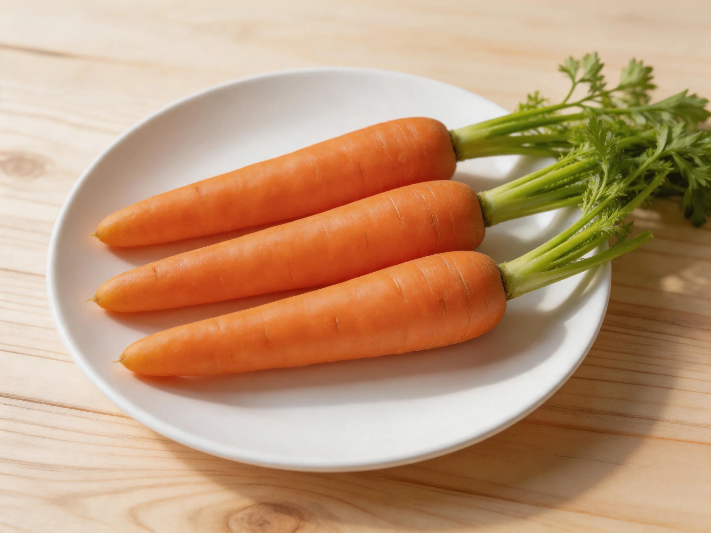 Three vibrant orange carrots with green tops on a white plate