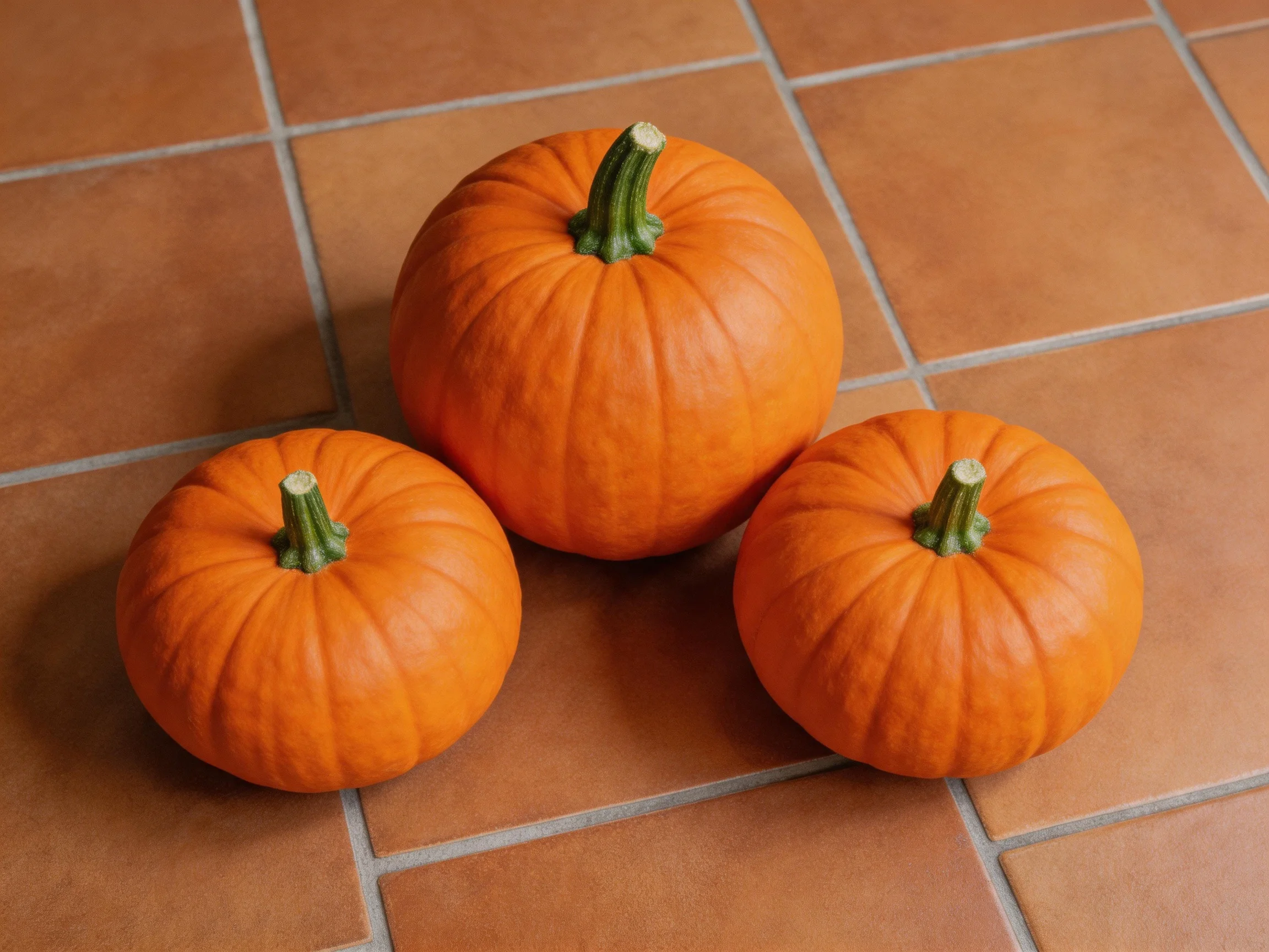 Three vibrant orange pumpkins arranged on terracotta tiles