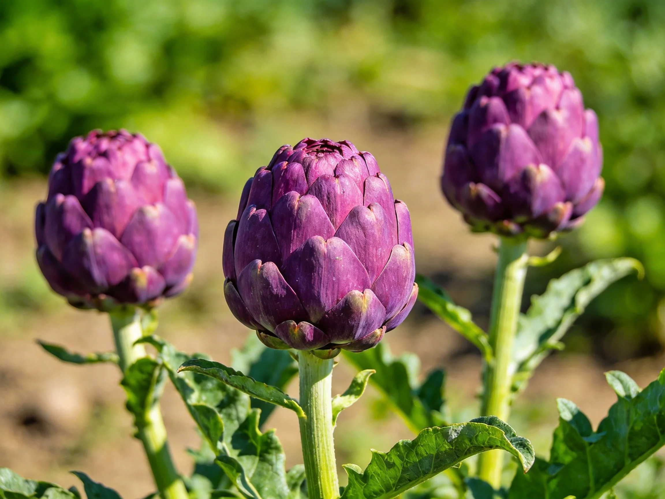 Three vibrant purple artichoke buds in a sunlit garden