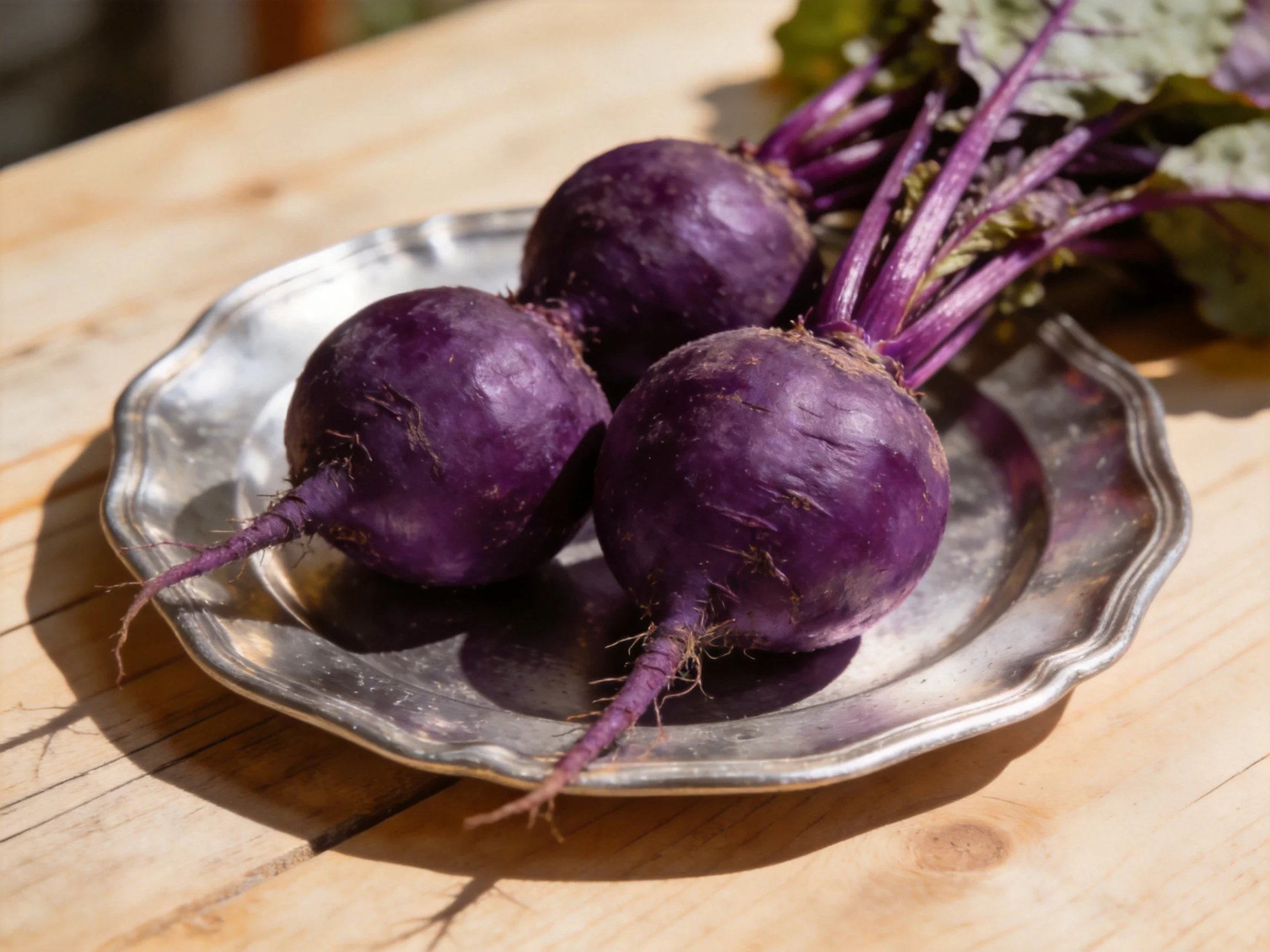 Three vibrant purple beetroots arranged on an antique silver plate
