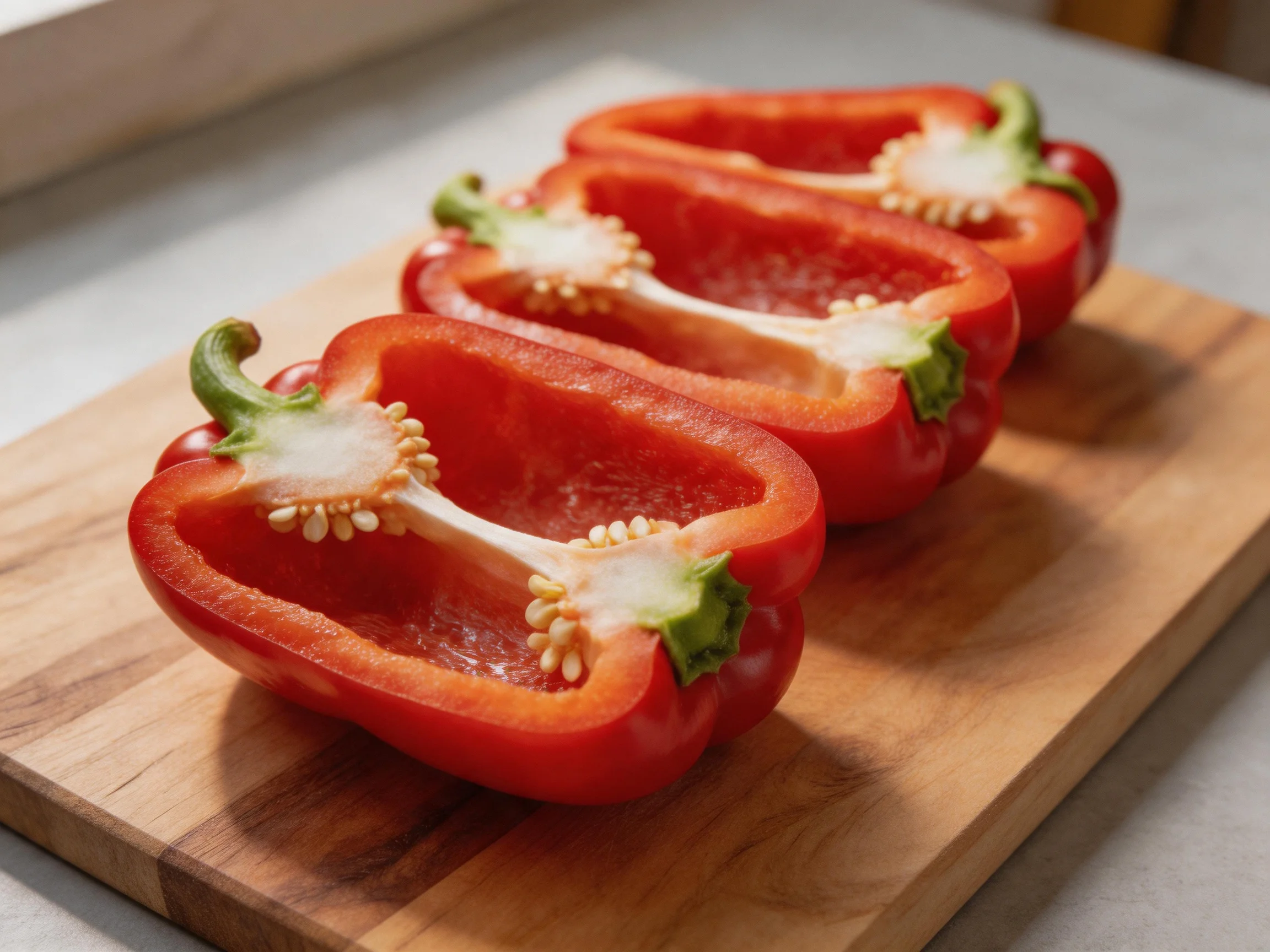 Three vibrant red bell pepper halves arranged on a wooden cutting board