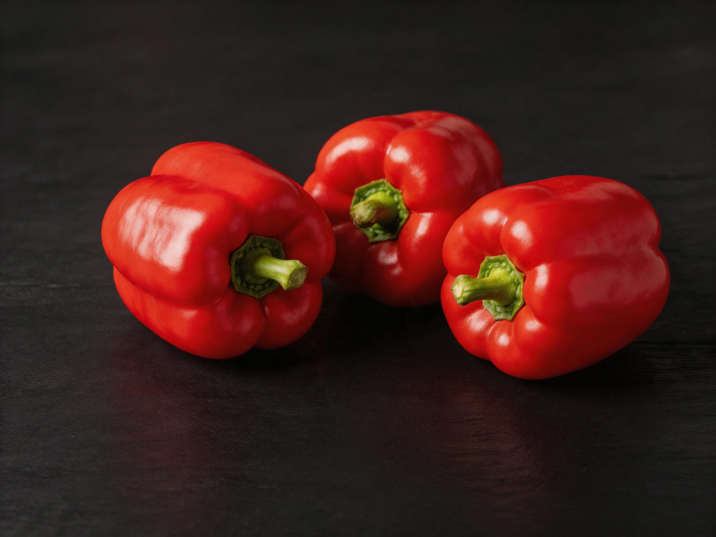 Three vibrant red bell peppers arranged on a dark surface