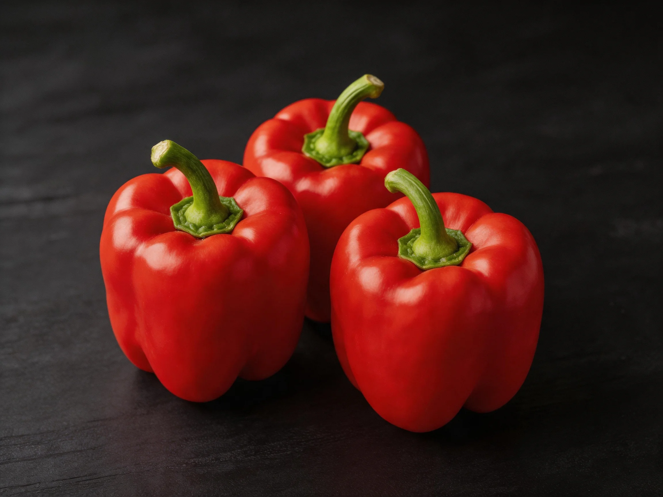 Three vibrant red bell peppers clusteredon a dark surface