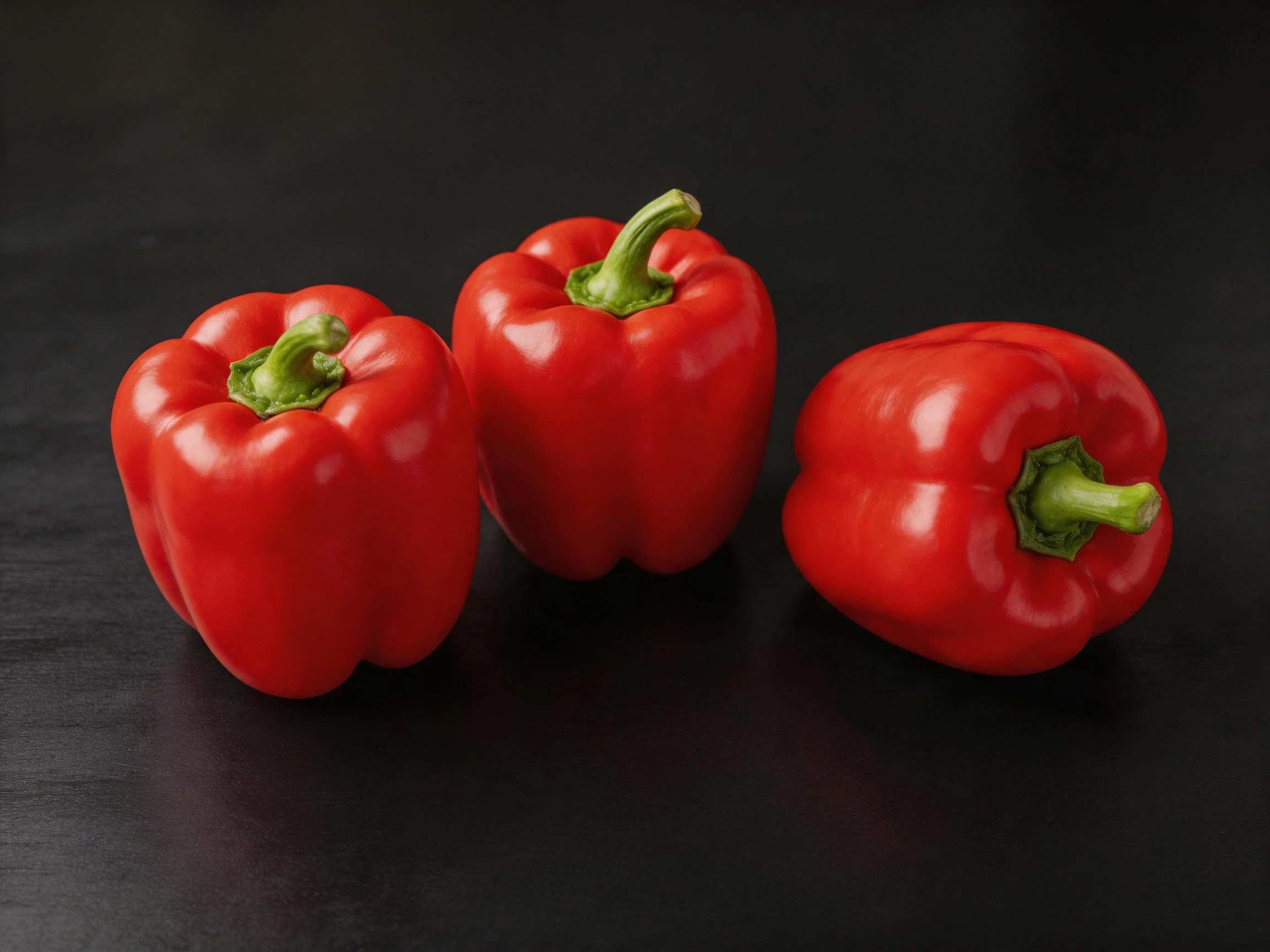 Three vibrant red bell peppers displayed against a black backdrop