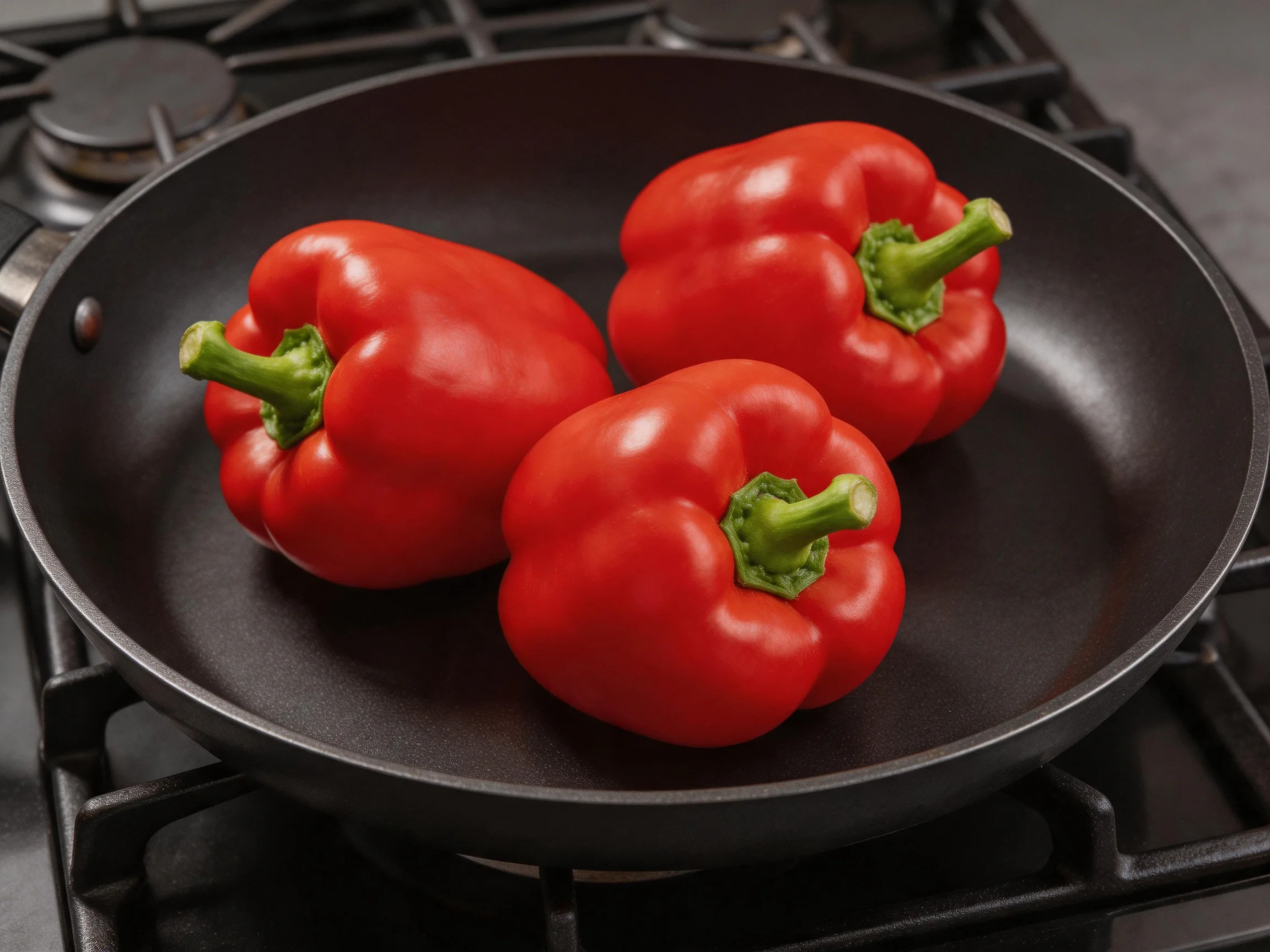 Three vibrant red bell peppers in a black frying pan on a stove