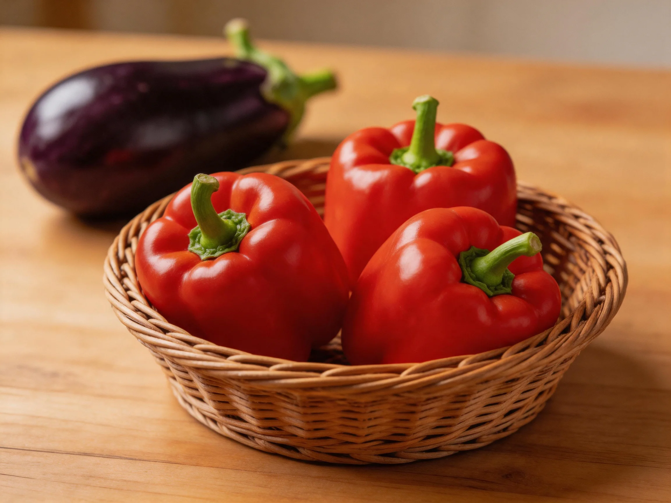 Three vibrant red bell peppers in a wicker basket, with a purple eggplant nearby