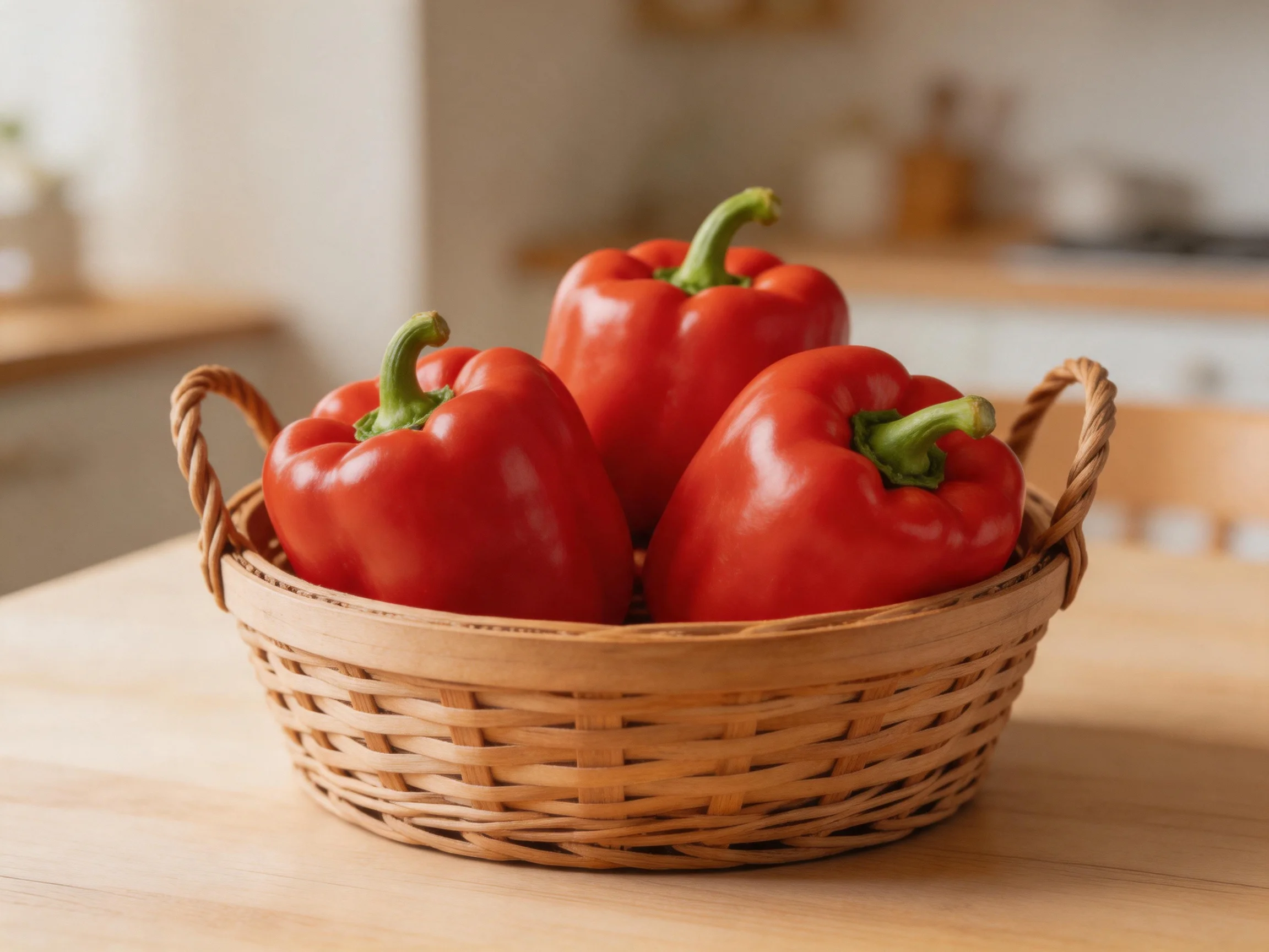 Three vibrant red bell peppers in a woven basket on a wooden table