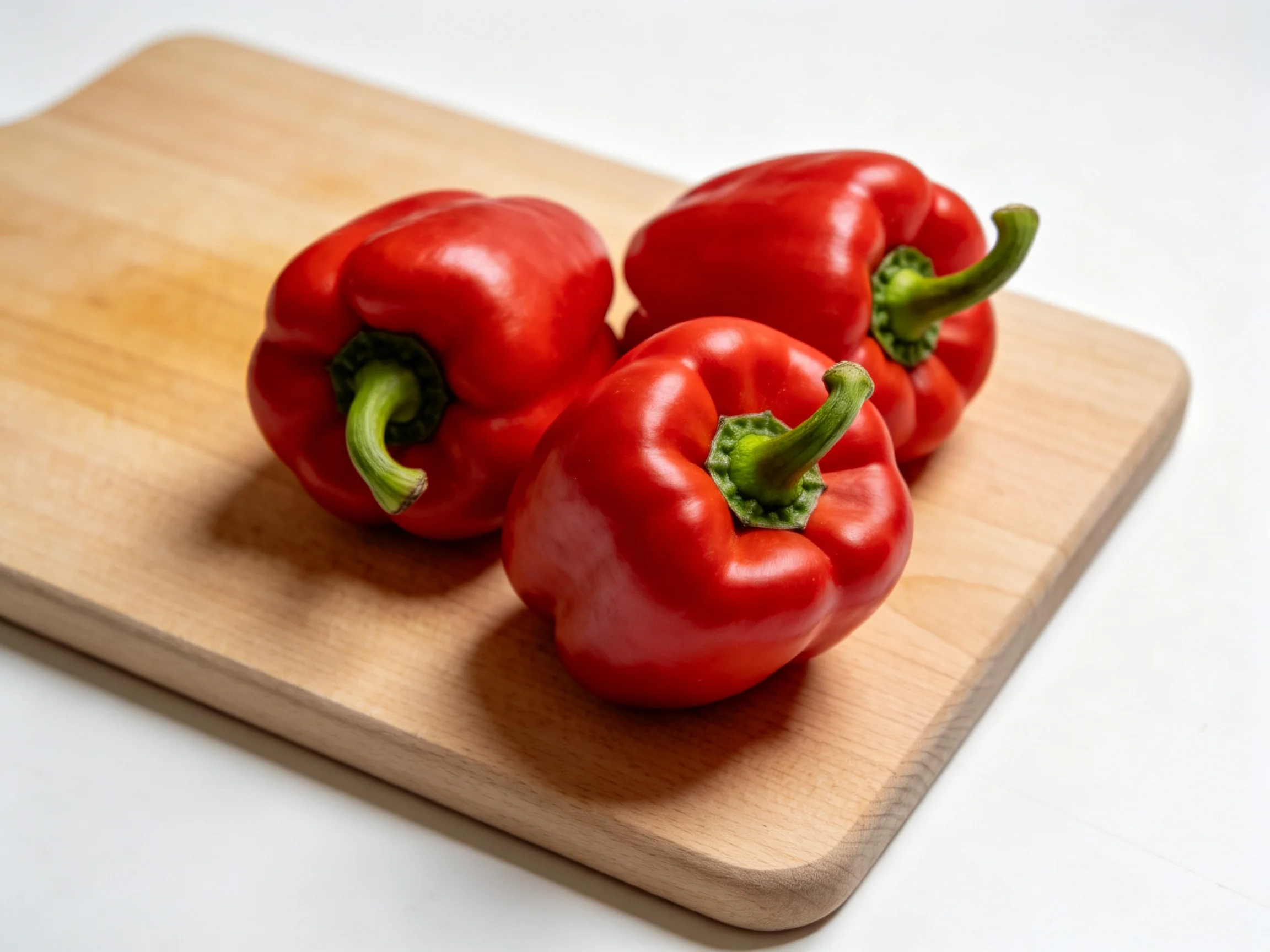 Three vibrant red bell peppers sit atop a smooth wooden cutting board
