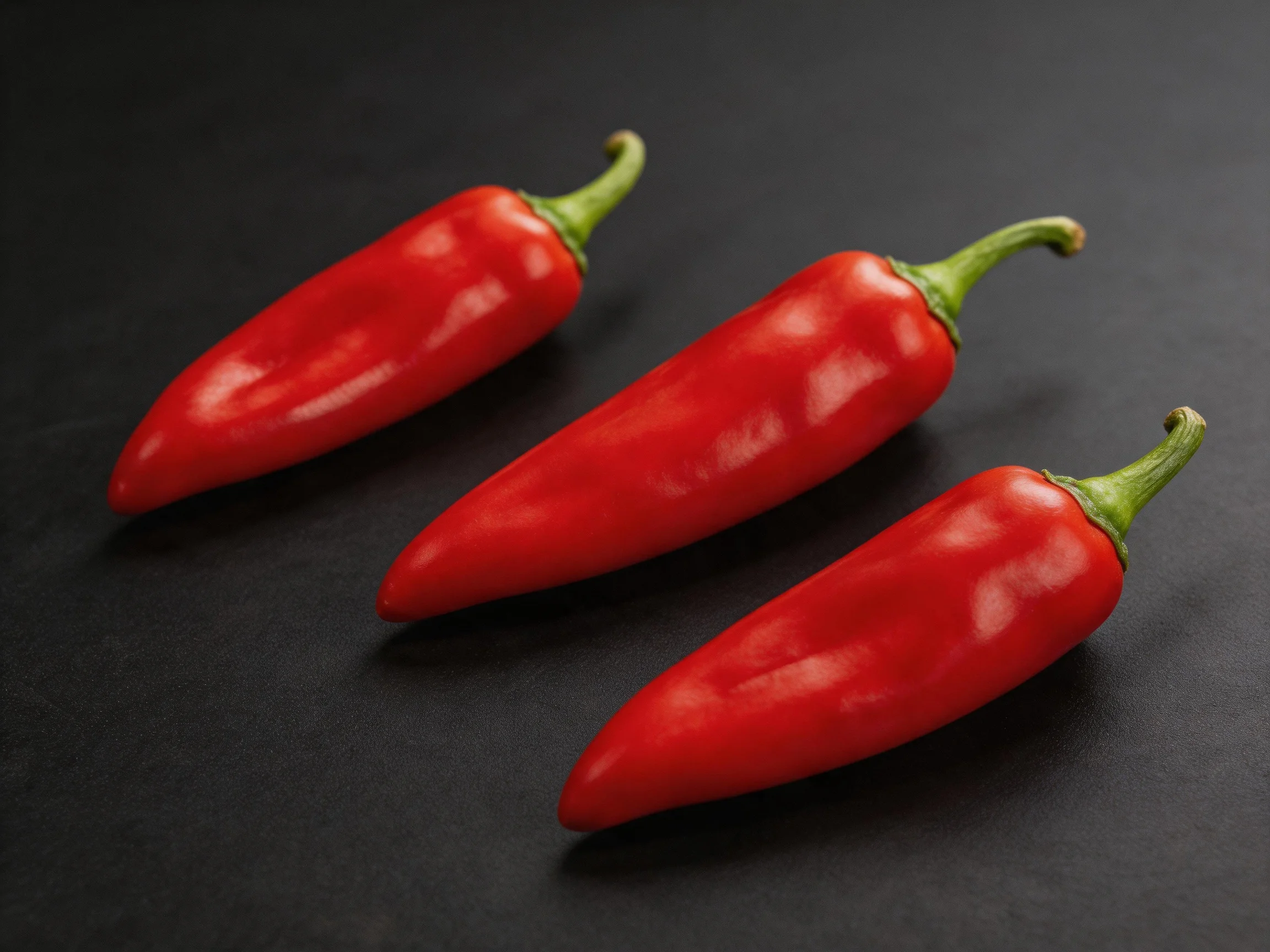 Three vibrant red chili peppers displayed on a dark surface