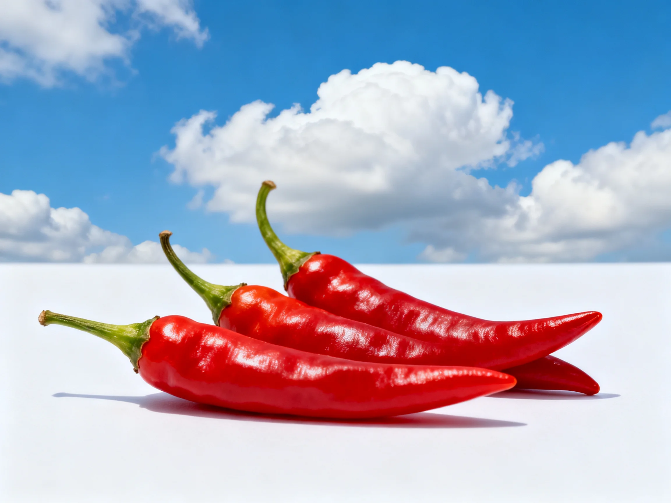 Three vibrant red chili peppers rest on a white surface with a bright blue sky