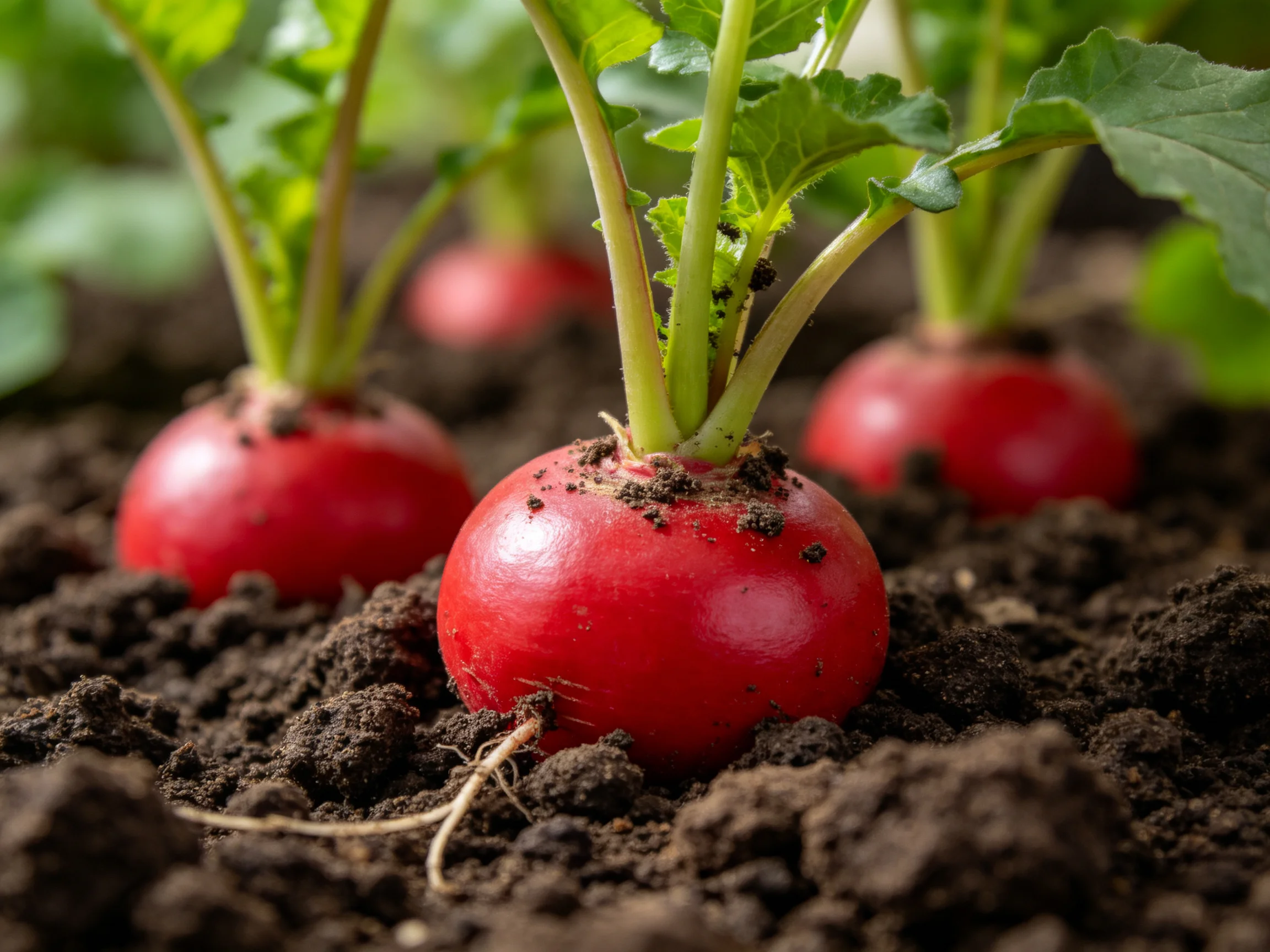 Three vibrant red radishes growing in dark fertile soil with green foliage