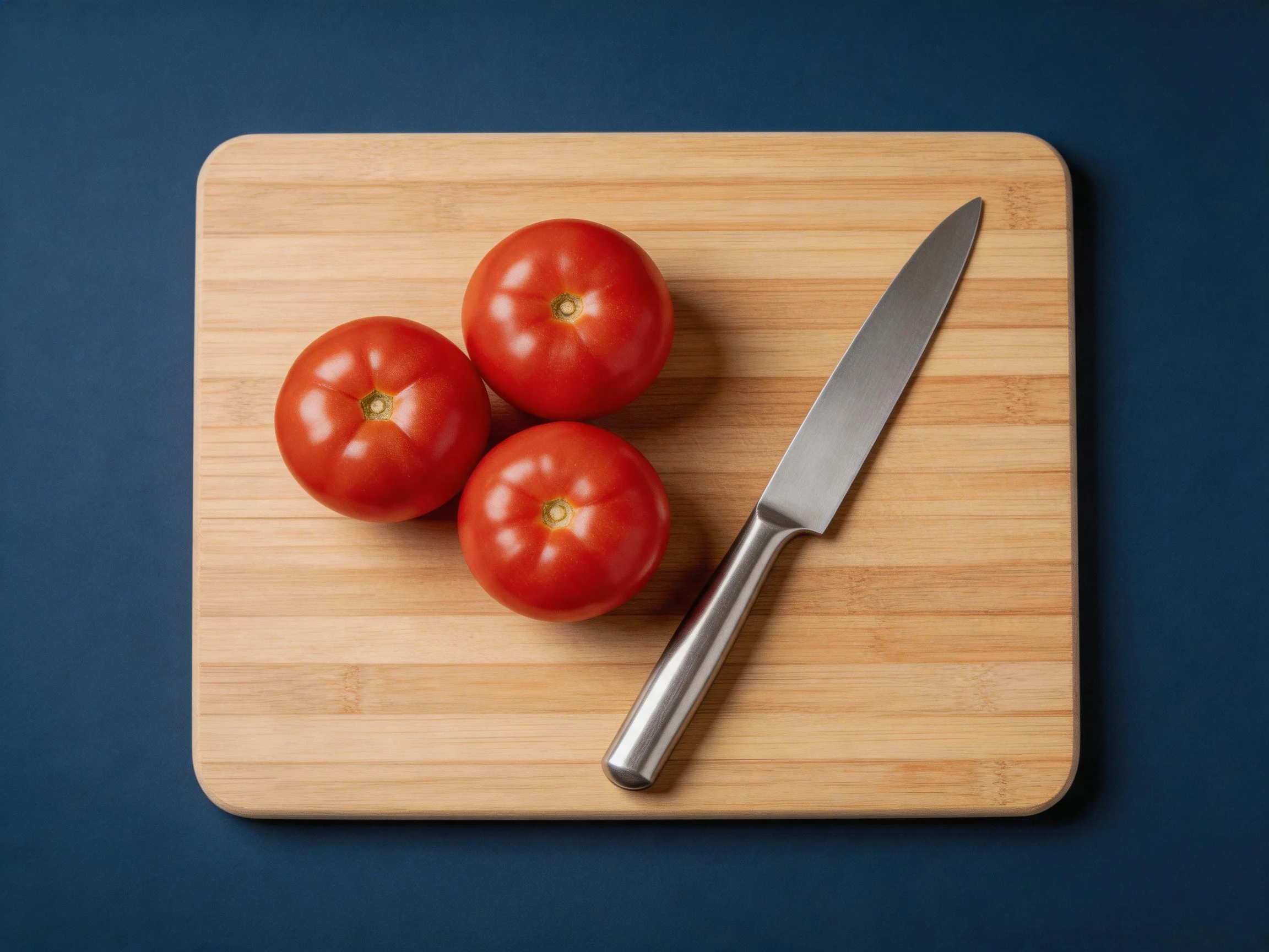 Three vibrant red tomatoes rest beside a stainless steel knife on a bamboo cutting board.