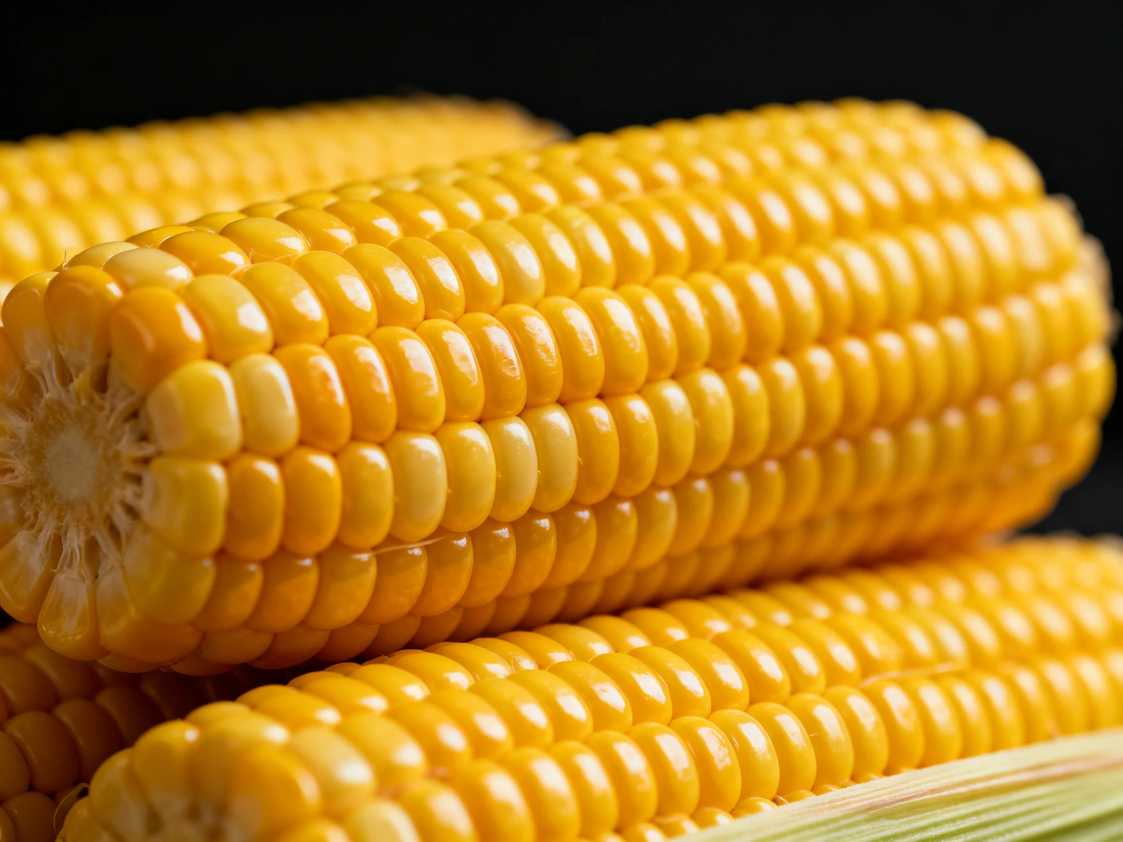 Three vibrant yellow corn cobs stacked with dark background