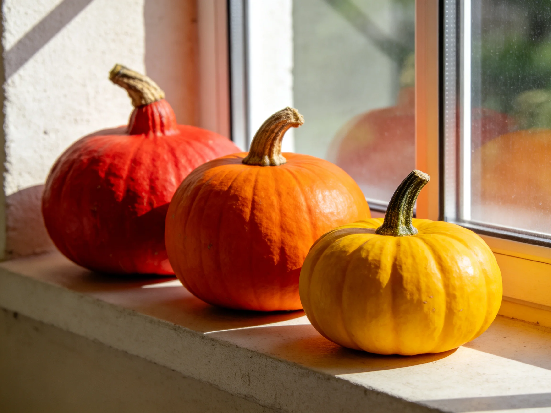 Three vibrantly hued pumpkins positioned on a sunlit windowsill