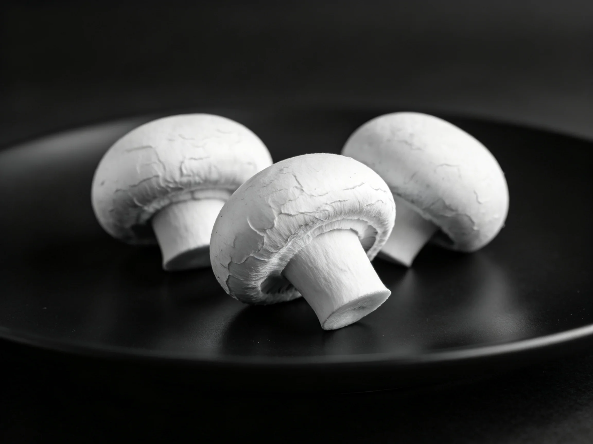 Three white button mushrooms arranged on a glossy black plate