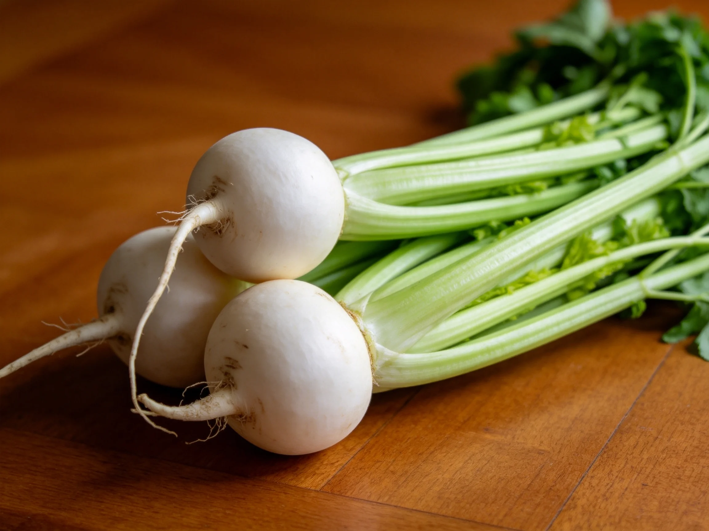 Three white radishes with green stems on a wooden surface