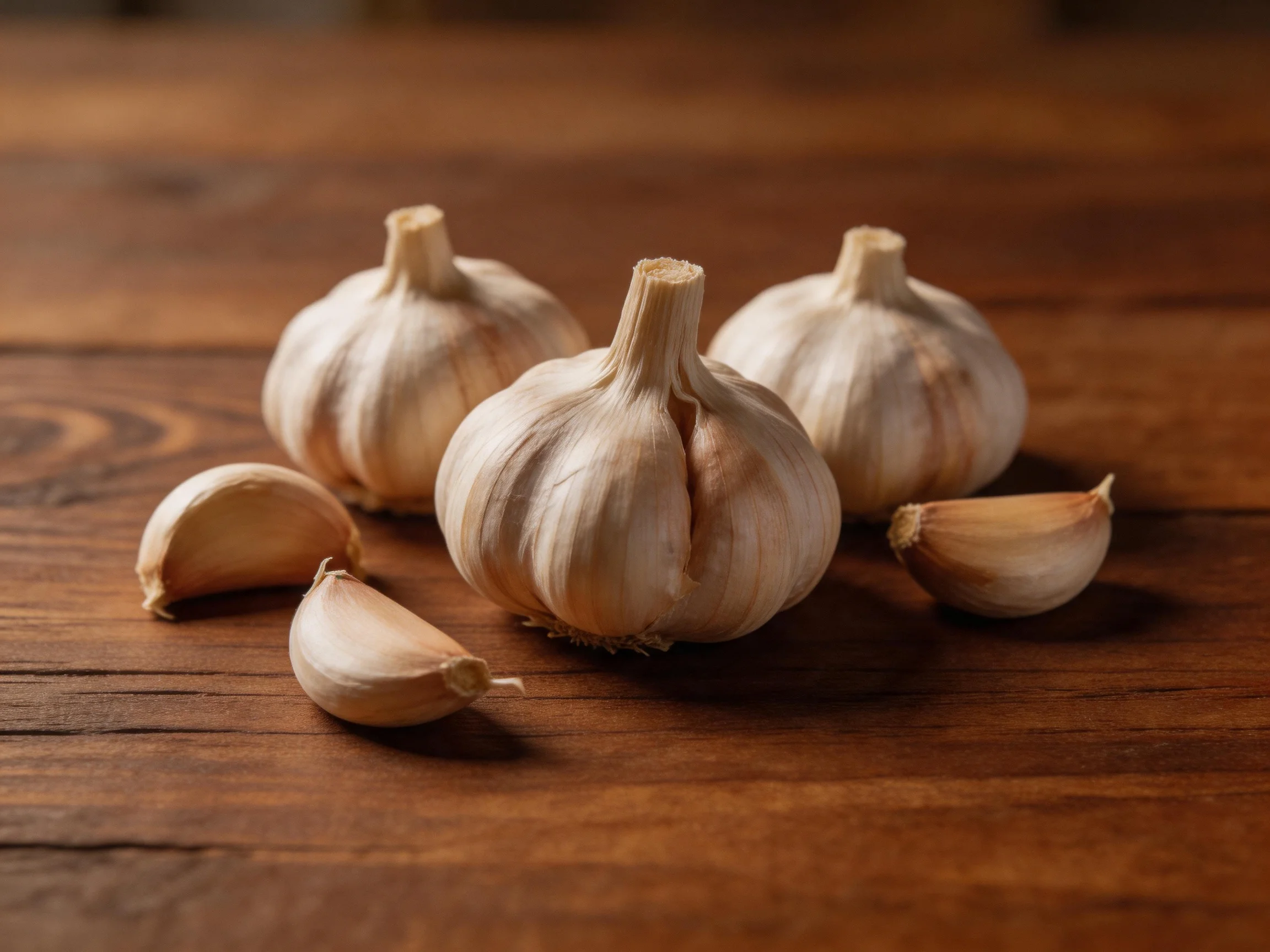 Three whole garlic bulbs and two cloves rest on a polished brown wooden table