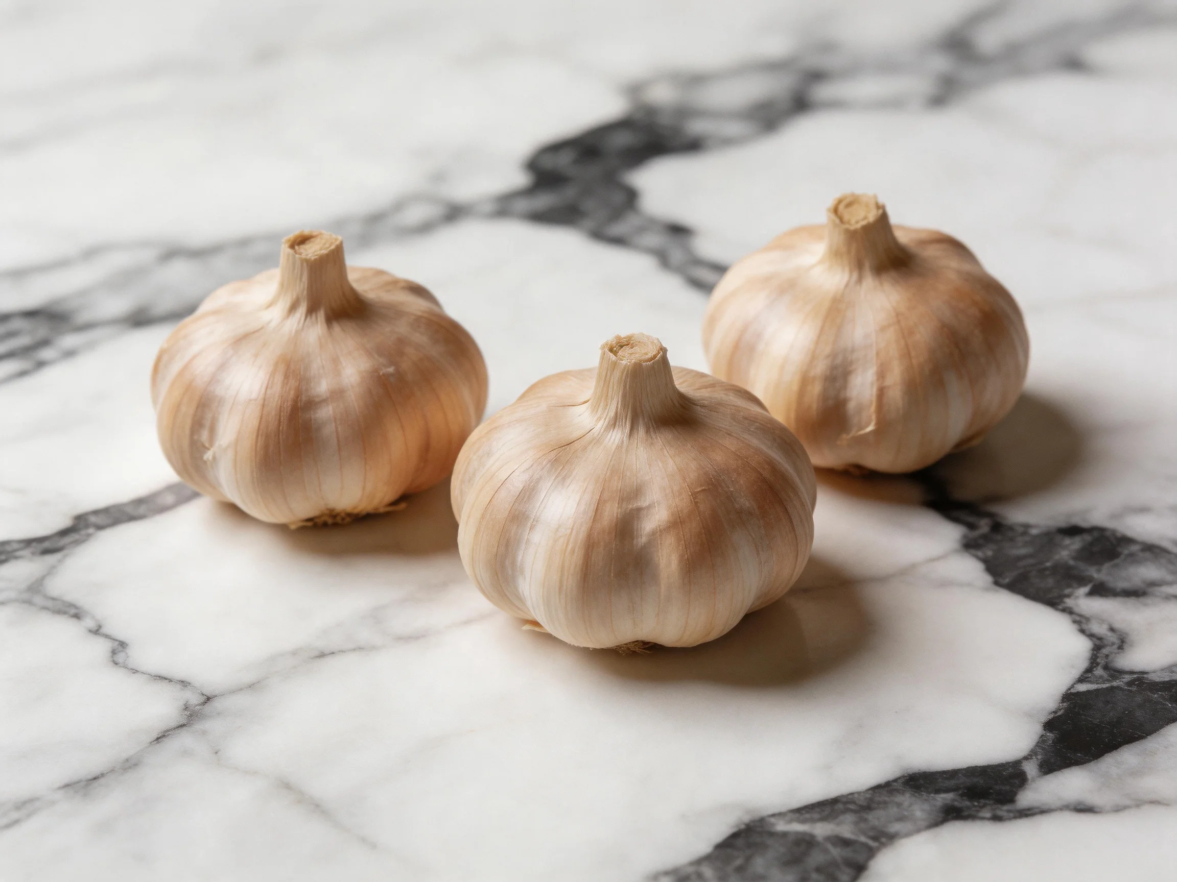 Three whole garlic bulbs rest on a white marble countertop with dark veining