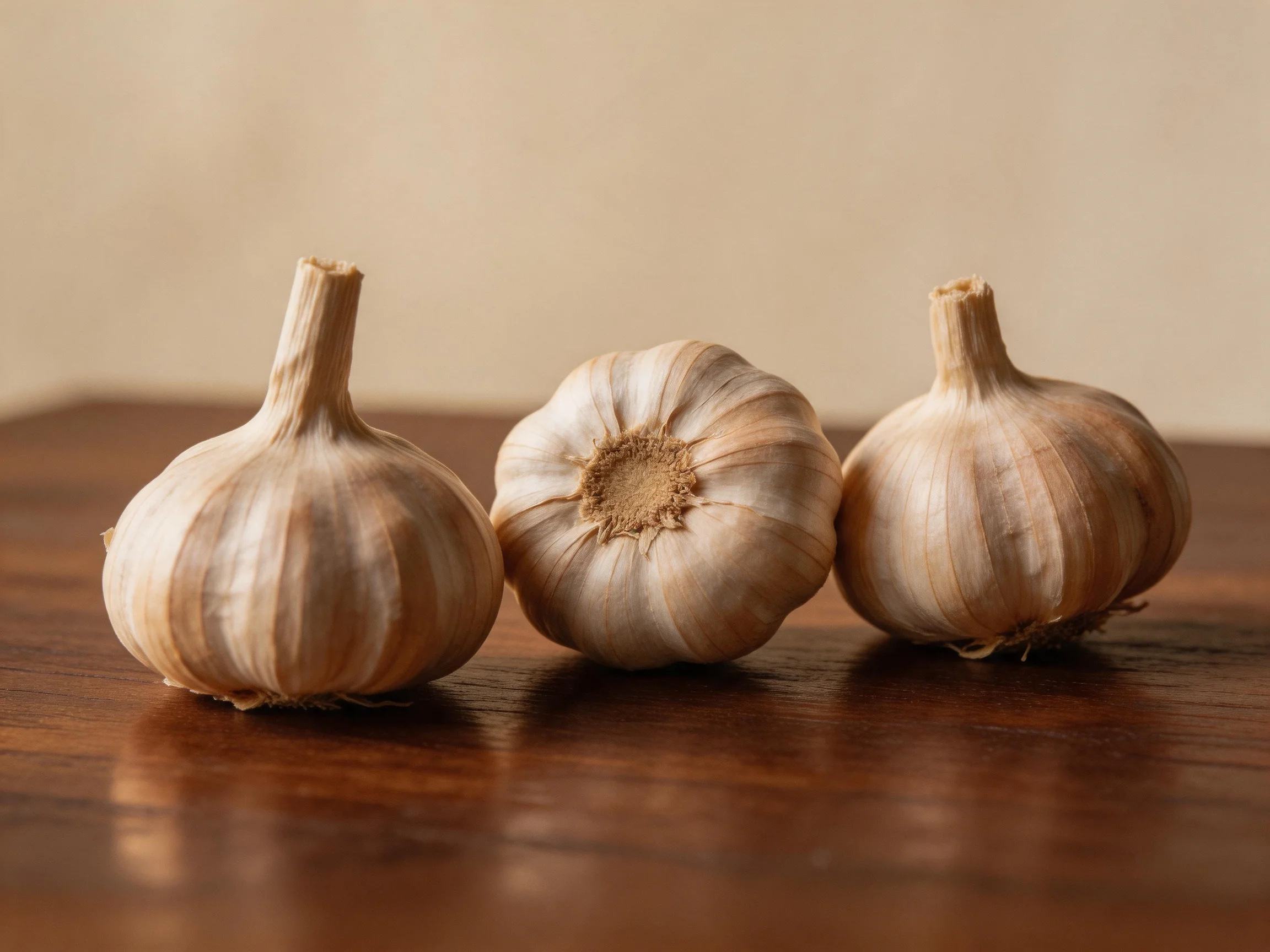 Three whole garlic bulbs with earthy skins sit on a polished wooden surface