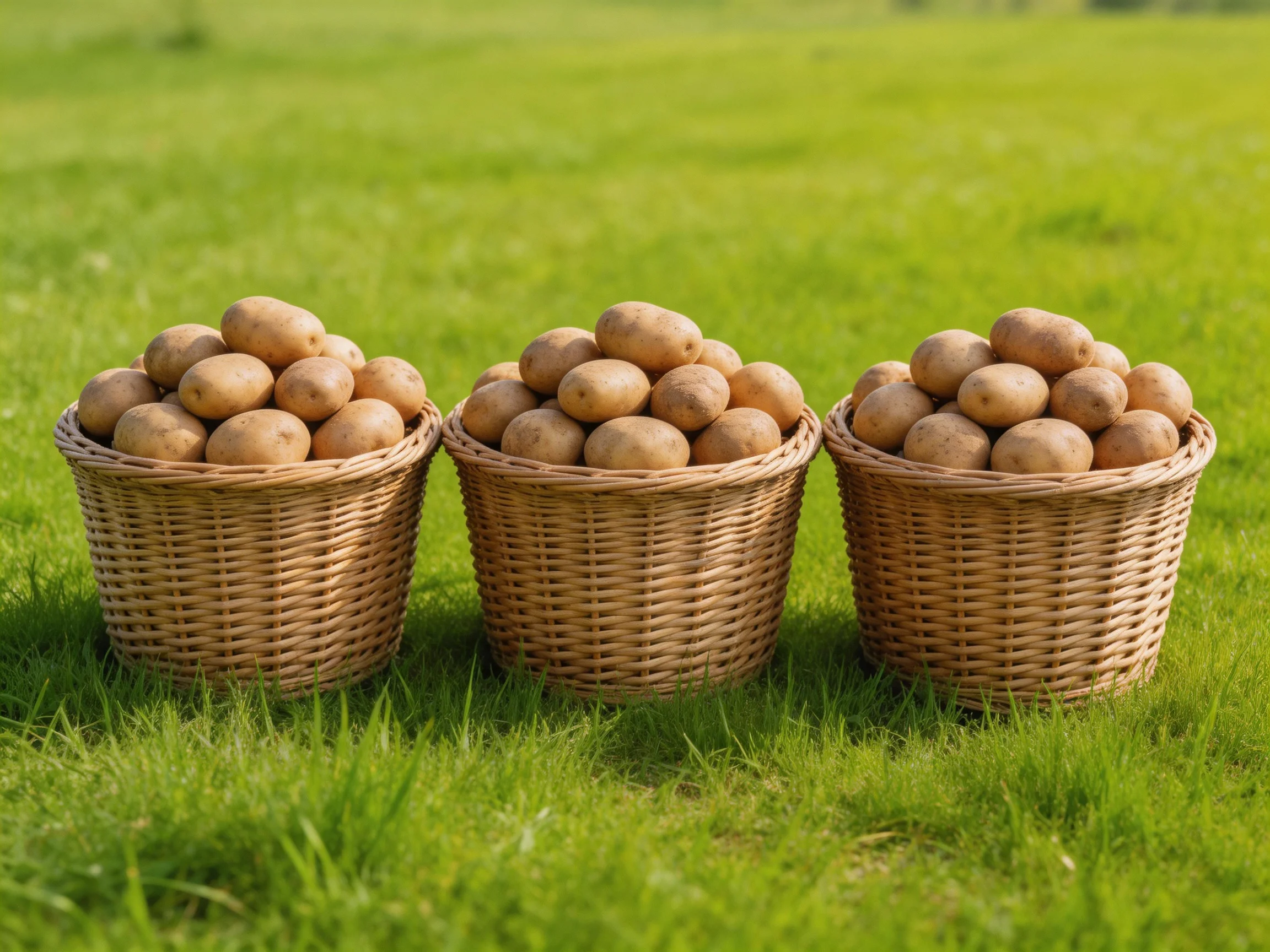Three wicker baskets filled with light brown potatoes sit side by side on lush green grass