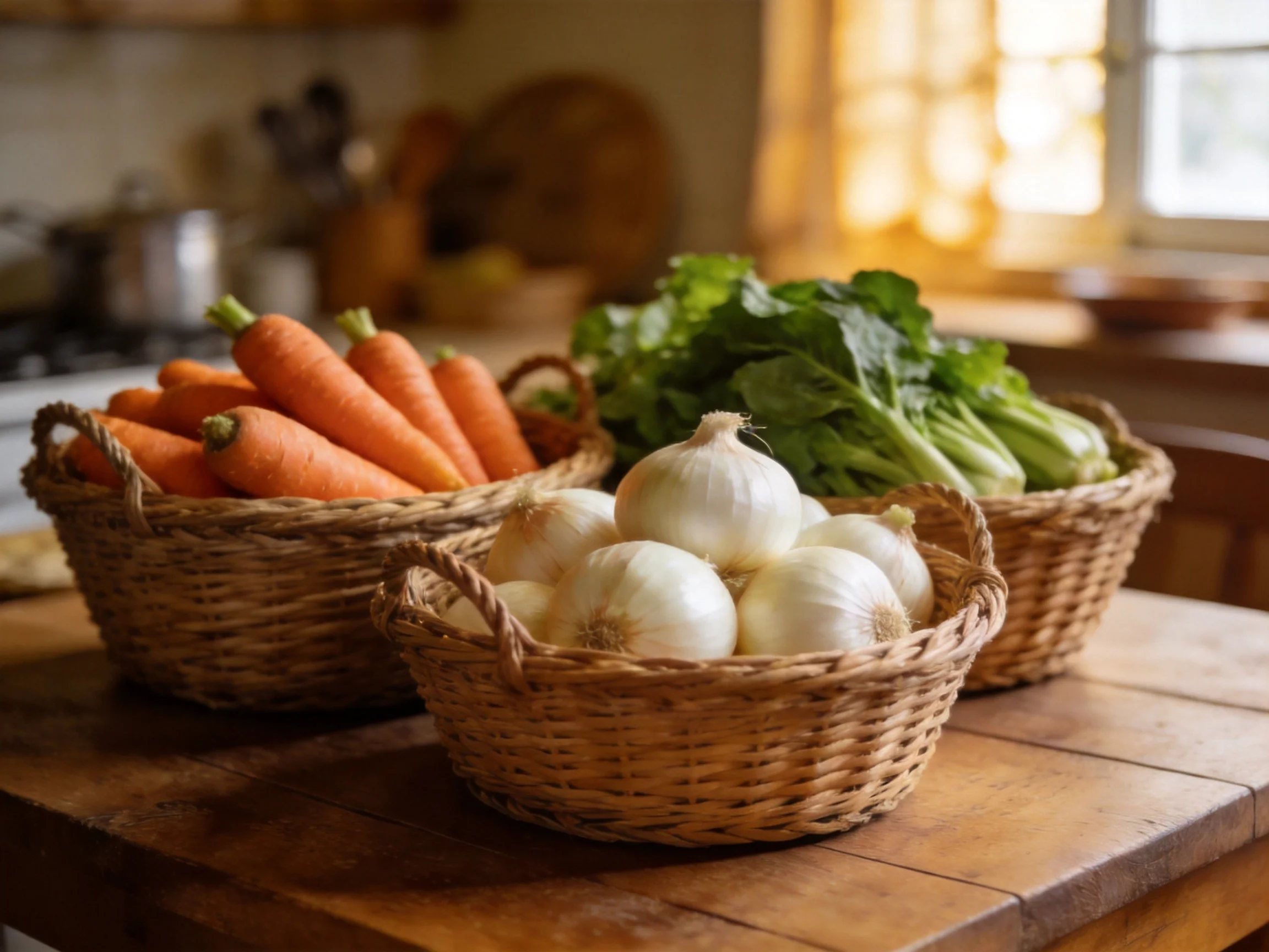 Three wicker baskets hold carrots, onions, and leafy greens on a wooden surface