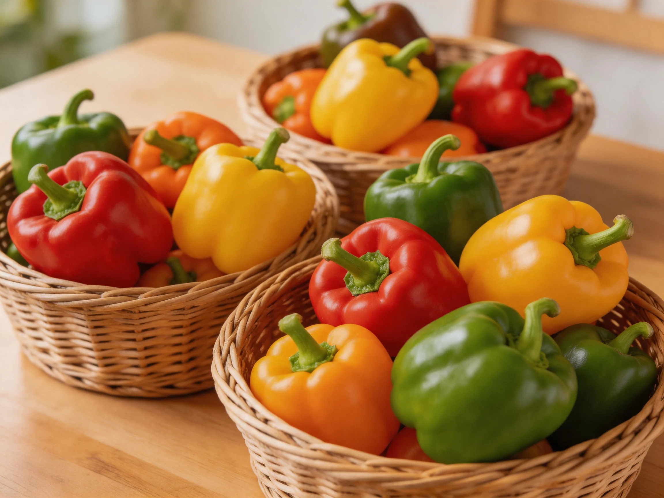 Three wicker baskets hold colorful bell peppers of multiple colors on a wooden table