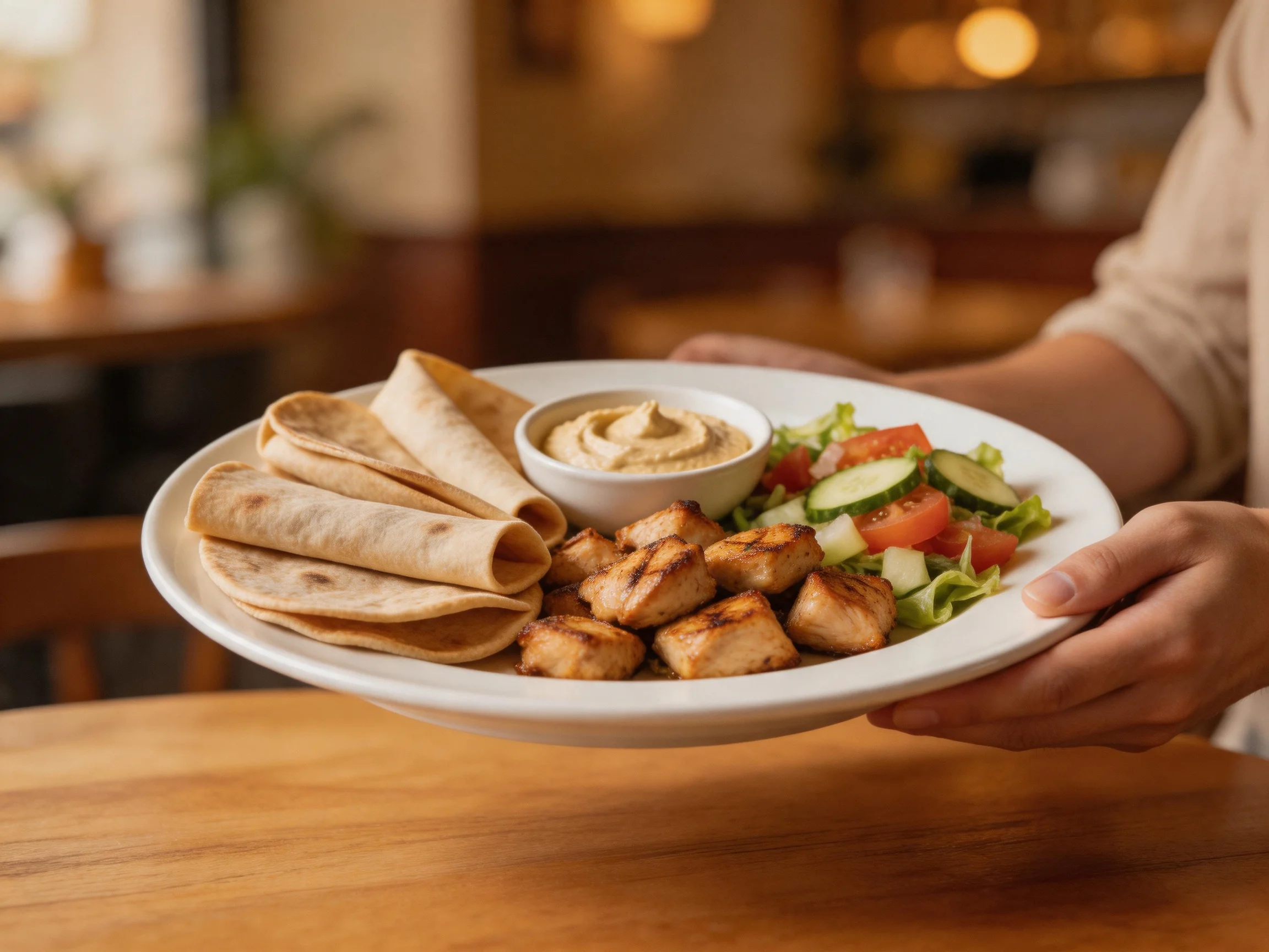 Three wraps, grilled chicken, hummus, and fresh salad served on white plate