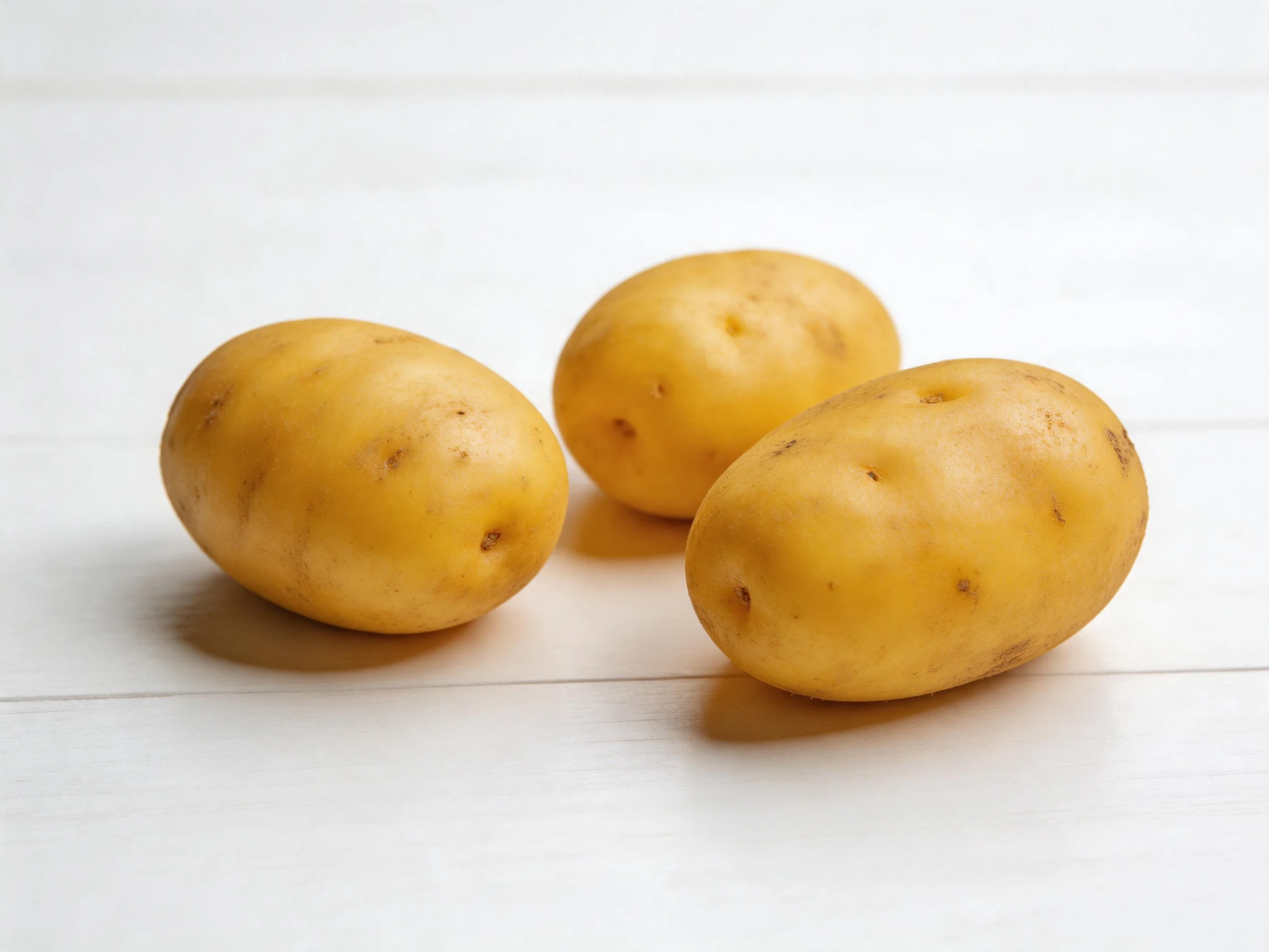 Three yellow potatoes arranged on a white wooden surface
