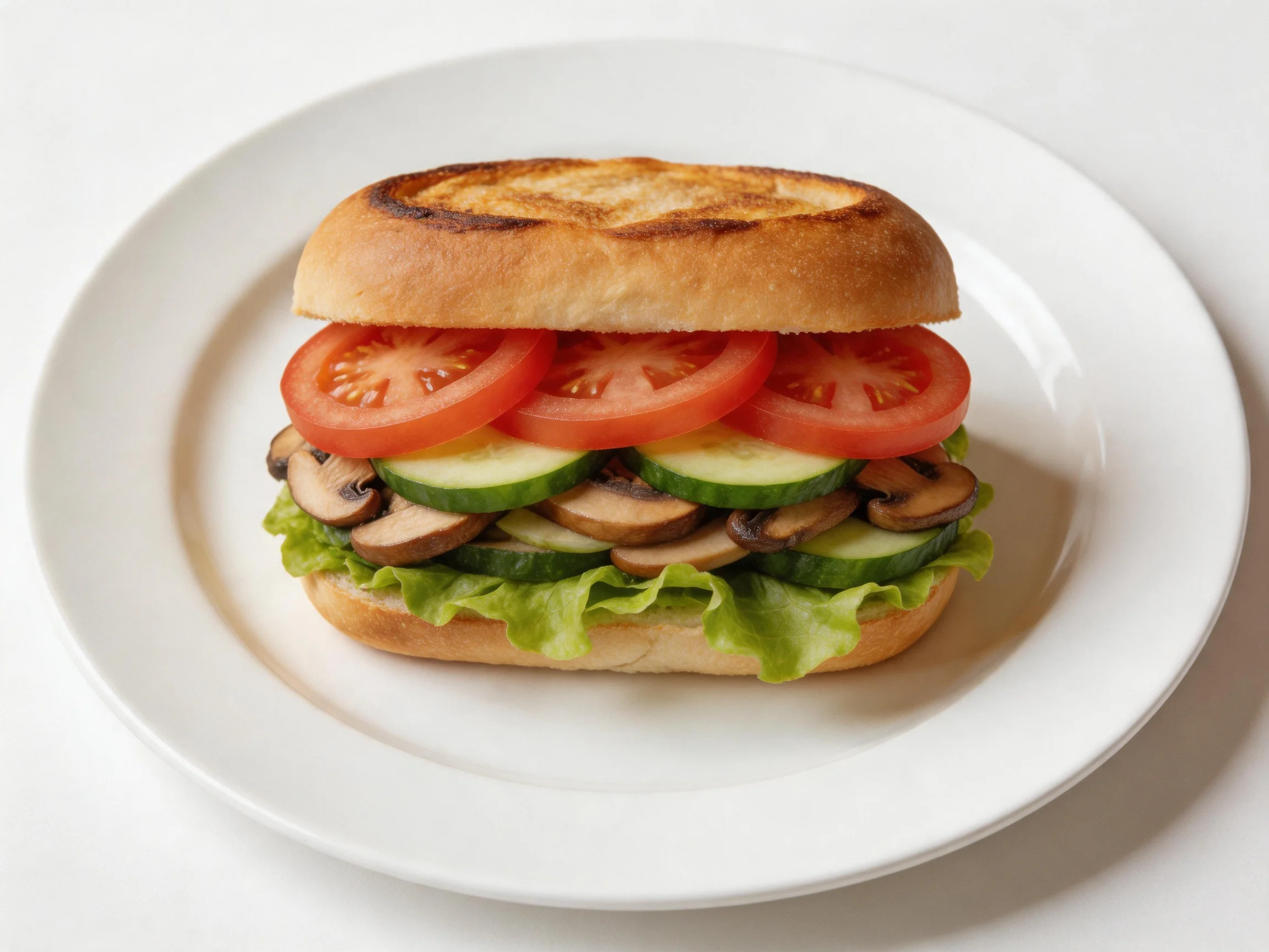 Toasted bagel sandwich with tomatoes, cucumbers, mushrooms, and lettuce