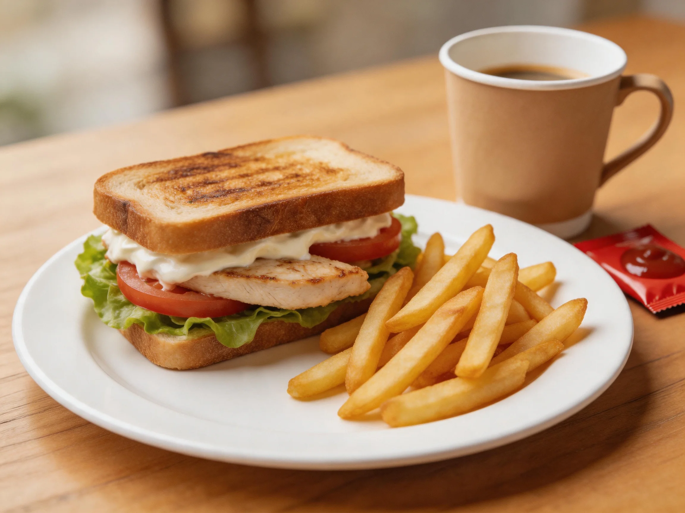 Toasted chicken sandwich, French fries, coffee, and ketchup on wooden table