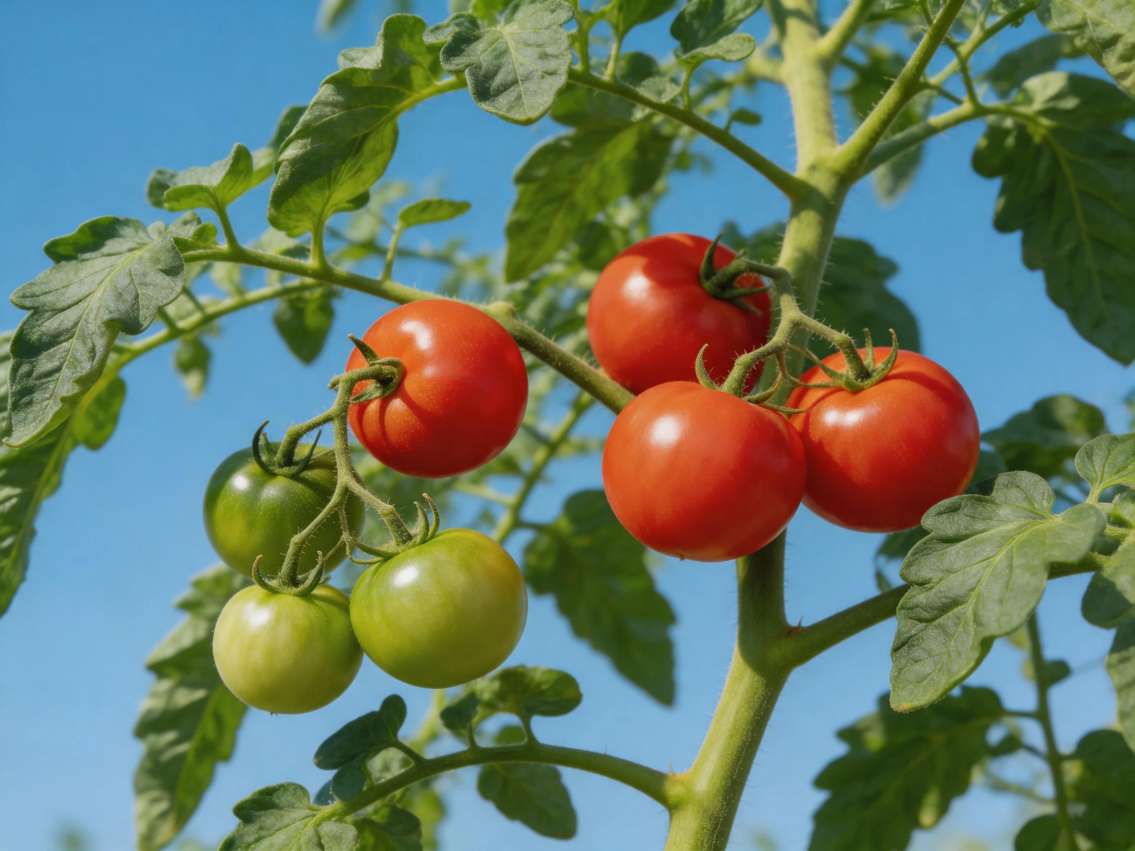 Tomato plant with red and green tomatoes ripening outdoors