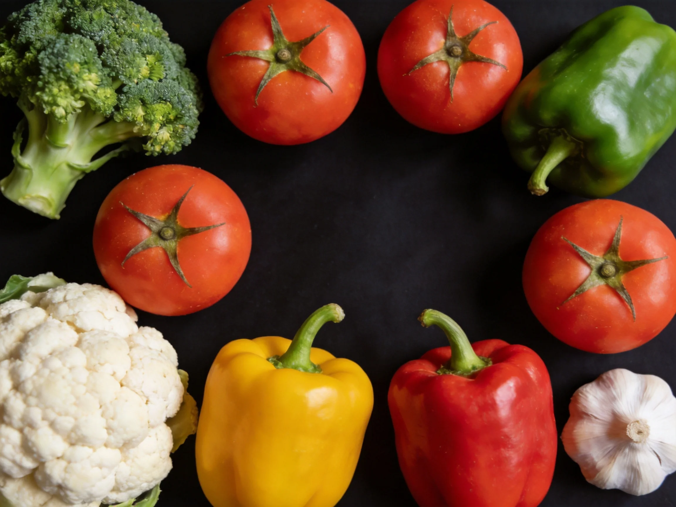Tomatoes, bell peppers, broccoli, cauliflower, and garlic arranged in circular pattern on black backg