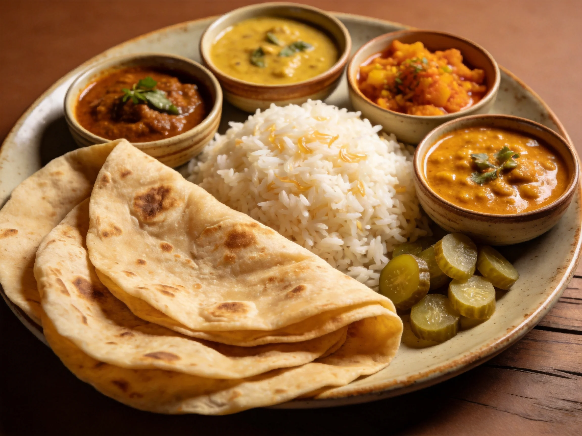 Traditional Indian thali with roti, rice, four curries, and pickles