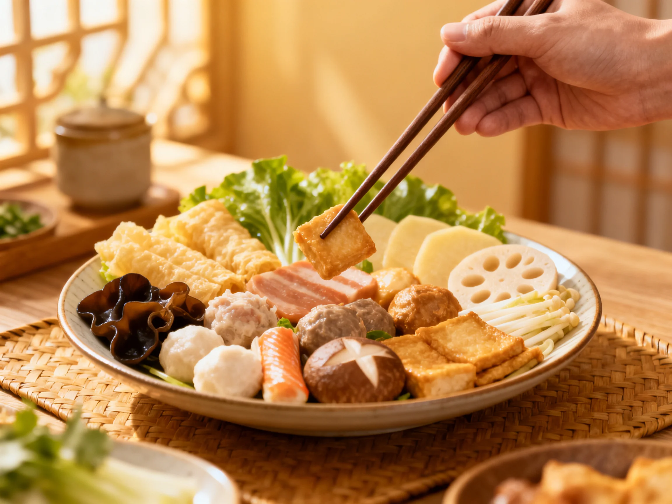 Traditional Japanese hot pot platter with diverse ingredients