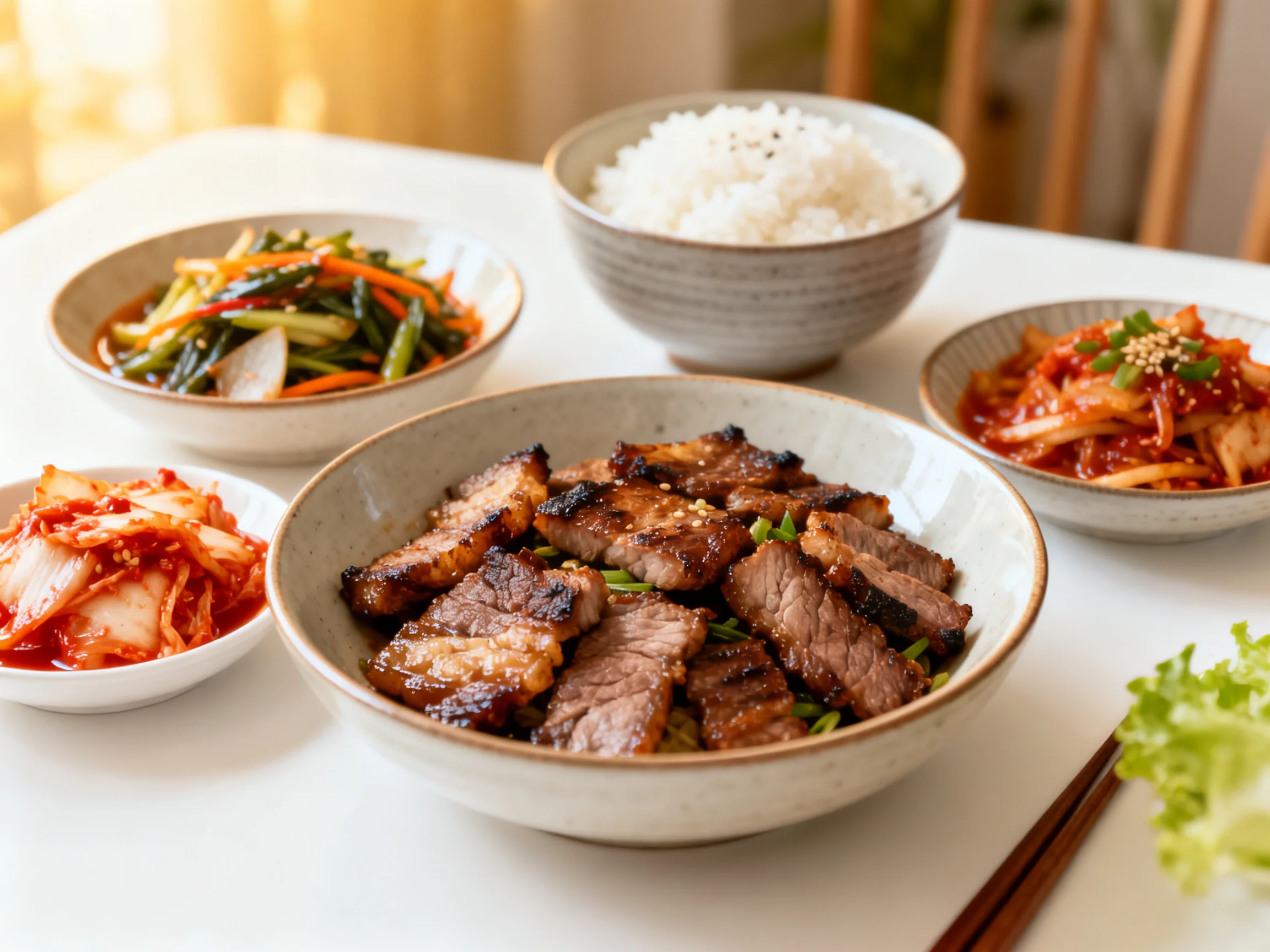 Traditional Korean meal with grilled beef, rice, and assorted banchan dishes