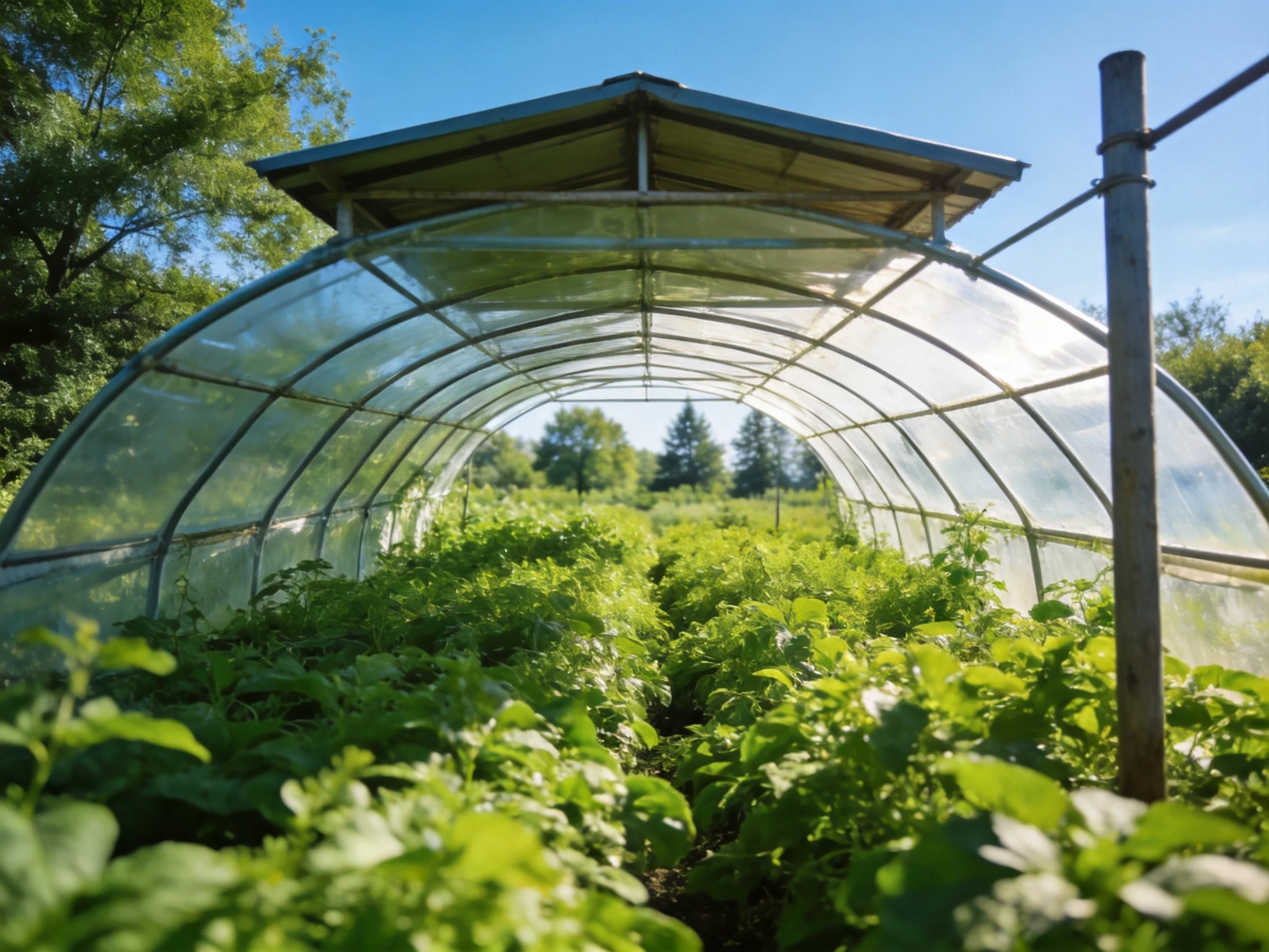 Transparent greenhouse sheltering lush green vegetation beneath bright blue sky