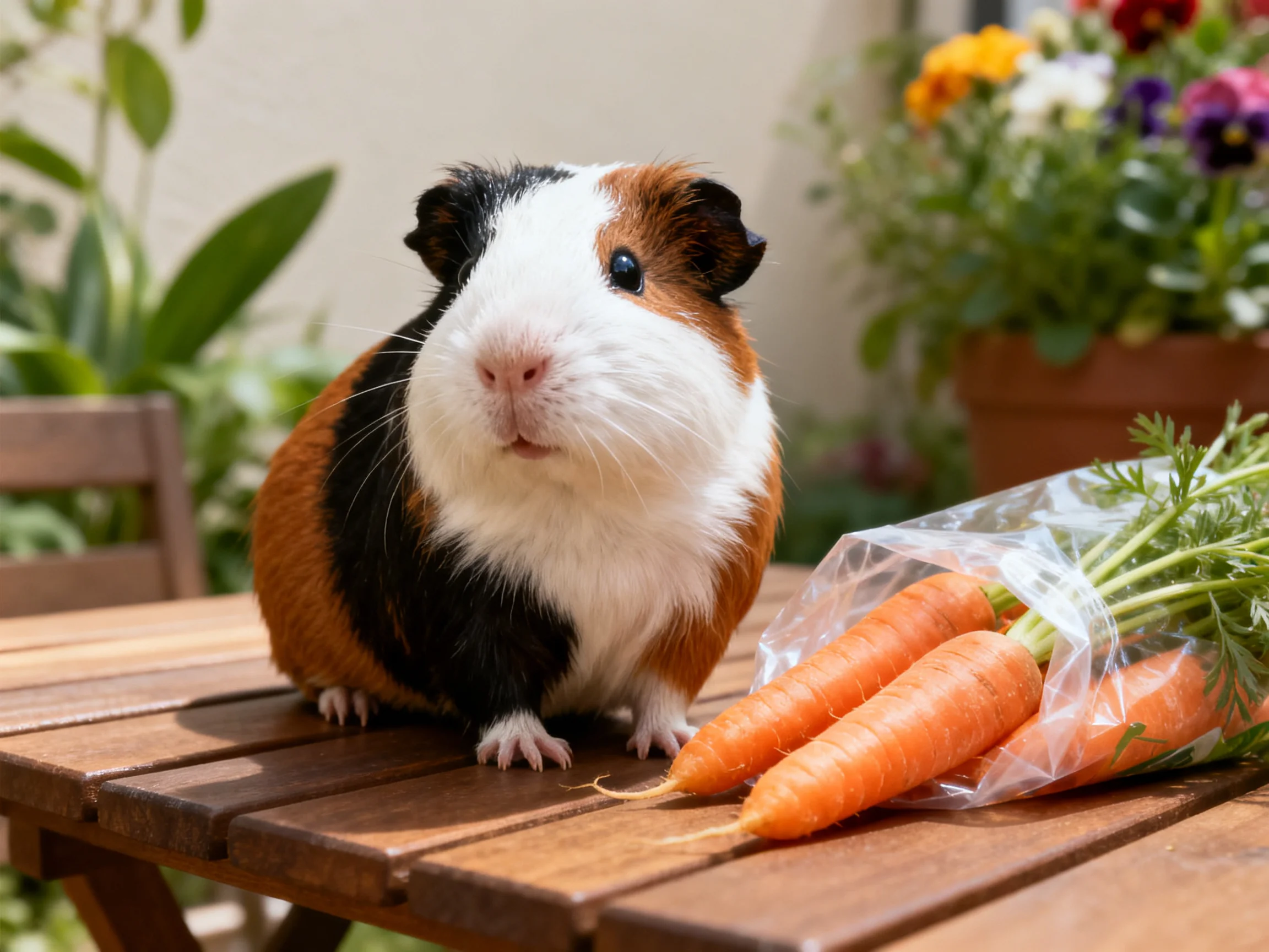 Tricolored guinea pig next to orange carrots on wooden table