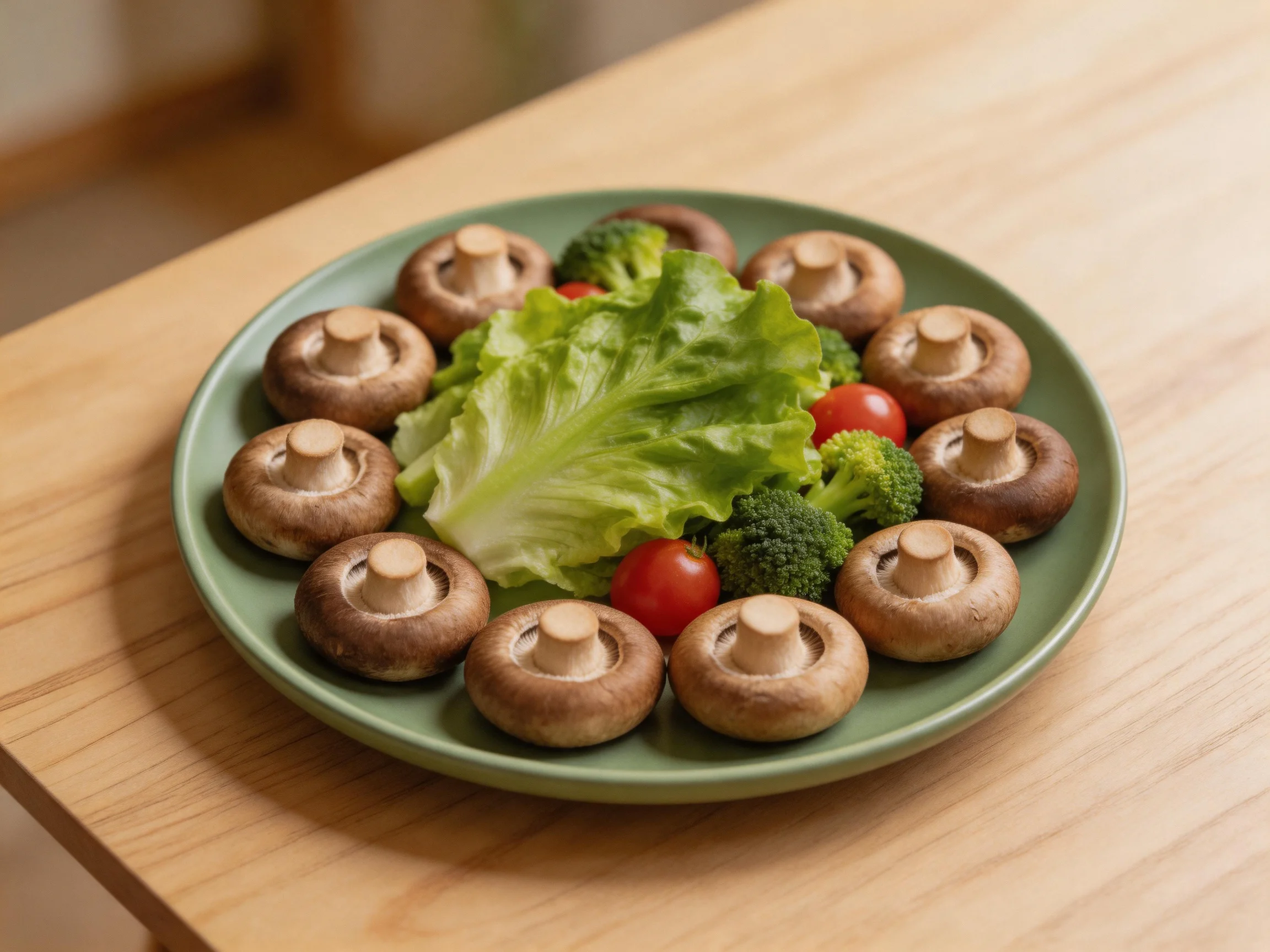 Twelve brown-capped mushrooms encircle lettuce, cherry tomatoes, and broccoli on a green plate
